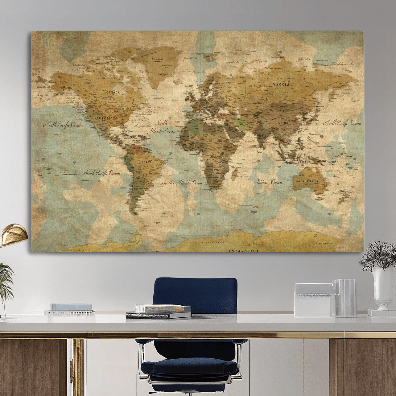 89356927-MGV-CV-36X24 - World Map Wall Art Canvas Print, Modern Decorative Framed Map Artwork Prints for Living Room, Office, Bedroom Wall Decor