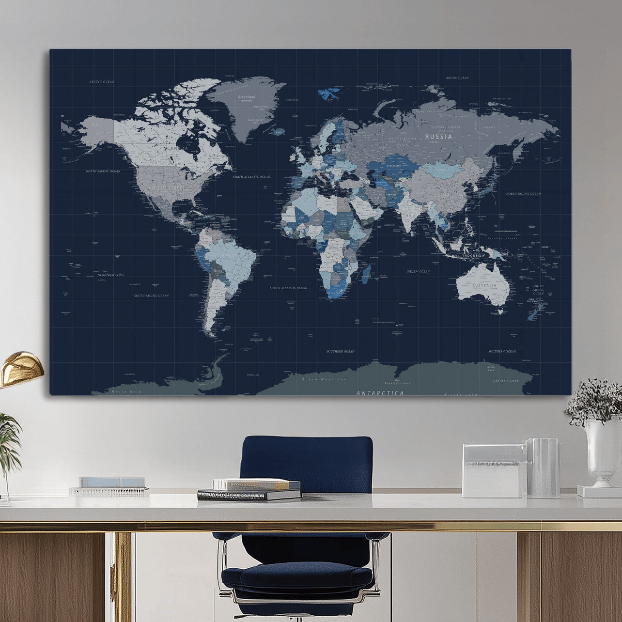 17712680-MGV-CV-36X24 - World Map Wall Art Canvas Print, Modern Decorative Framed Map Artwork Prints for Living Room, Office, Bedroom Wall Decor