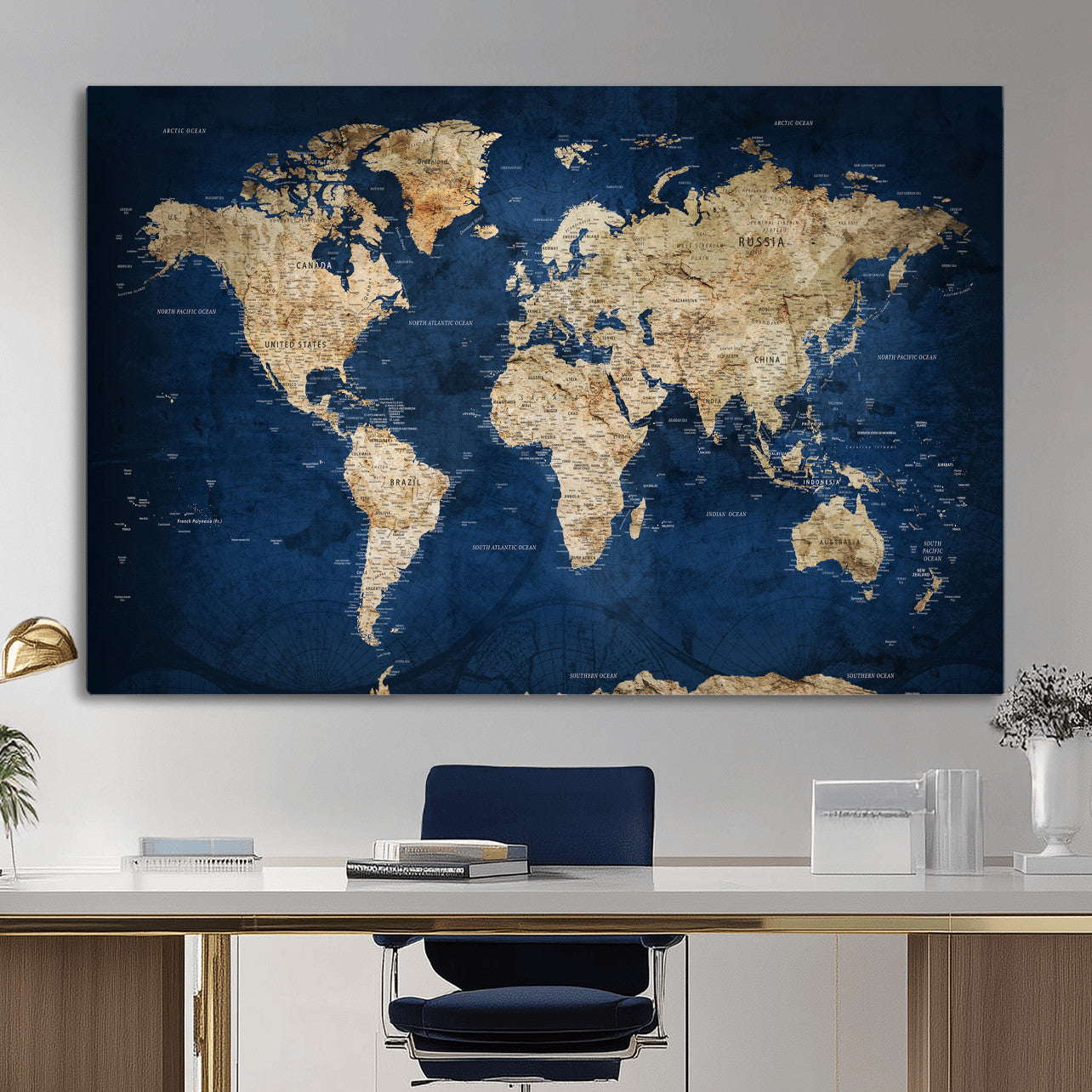 57503519-MGV-CV-36X24 - World Map Wall Art Canvas Print, Modern Decorative Framed Map Artwork Prints for Living Room, Office, Bedroom Wall Decor