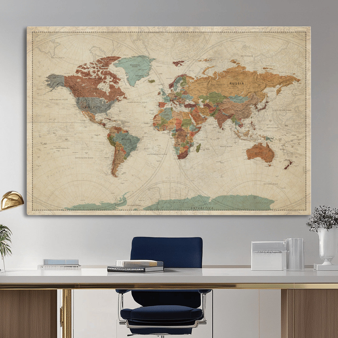 68428598-MGV-CV-36X24 - World Map Wall Art Canvas Print, Modern Decorative Framed Map Artwork Prints for Living Room, Office, Bedroom Wall Decor