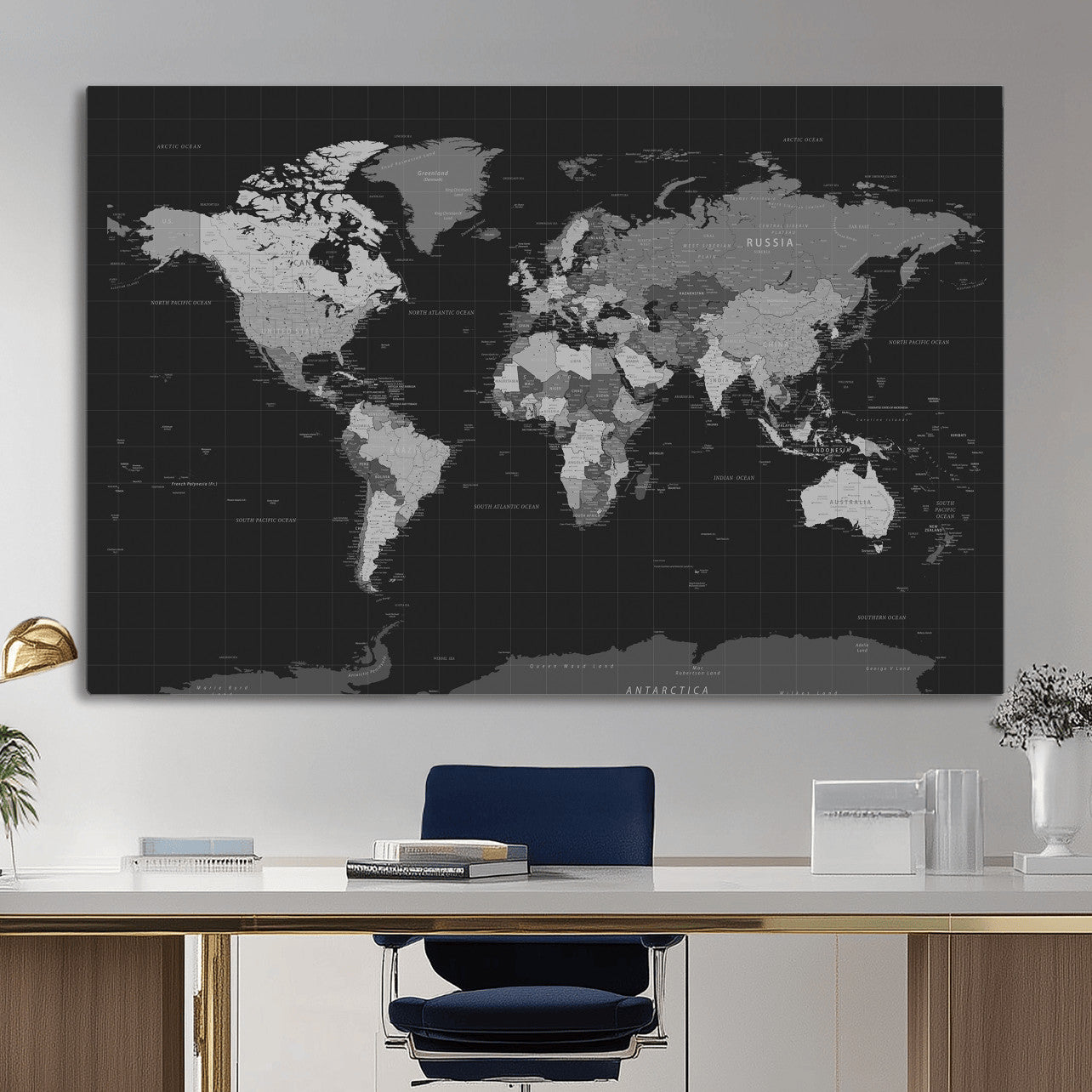 46160121-MGV-CV-36X24 - World Map Wall Art Canvas Print, Modern Decorative Framed Map Artwork Prints for Living Room, Office, Bedroom Wall Decor