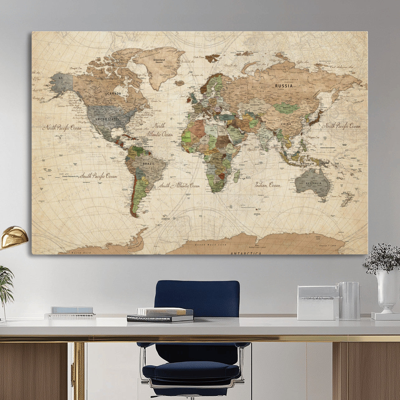 36735609-MGV-CV-36X24 - World Map Wall Art Canvas Print, Modern Decorative Framed Map Artwork Prints for Living Room, Office, Bedroom Wall Decor