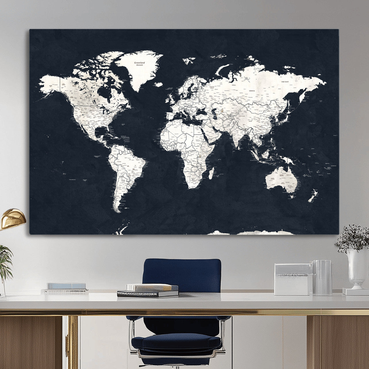 11963807-MGV-CV-36X24 - World Map Wall Art Canvas Print, Modern Decorative Framed Map Artwork Prints for Living Room, Office, Bedroom Wall Decor