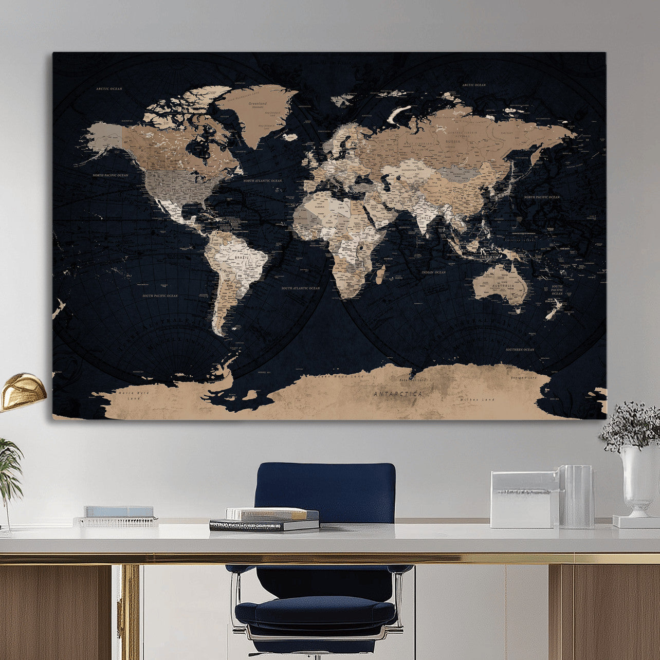 25812727-MGV-CV-36X24 - World Map Wall Art Canvas Print, Modern Decorative Framed Map Artwork Prints for Living Room, Office, Bedroom Wall Decor