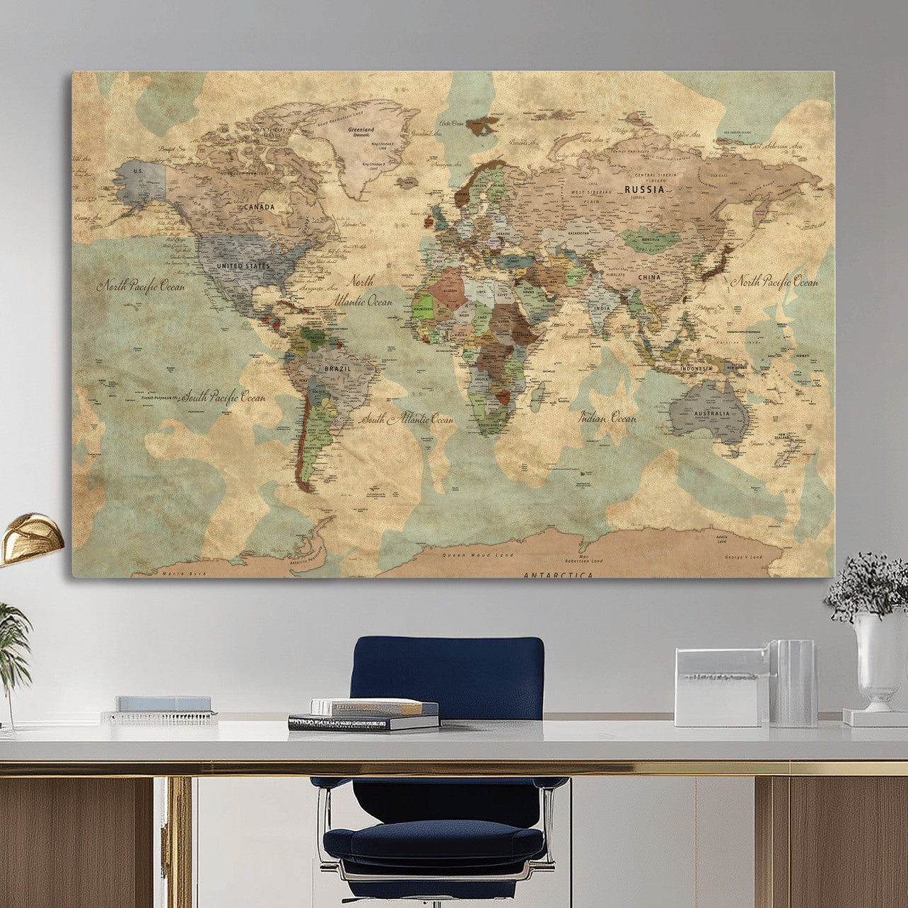 72396478-MGV-CV-36X24 - World Map Wall Art Canvas Print, Modern Decorative Framed Map Artwork Prints for Living Room, Office, Bedroom Wall Decor
