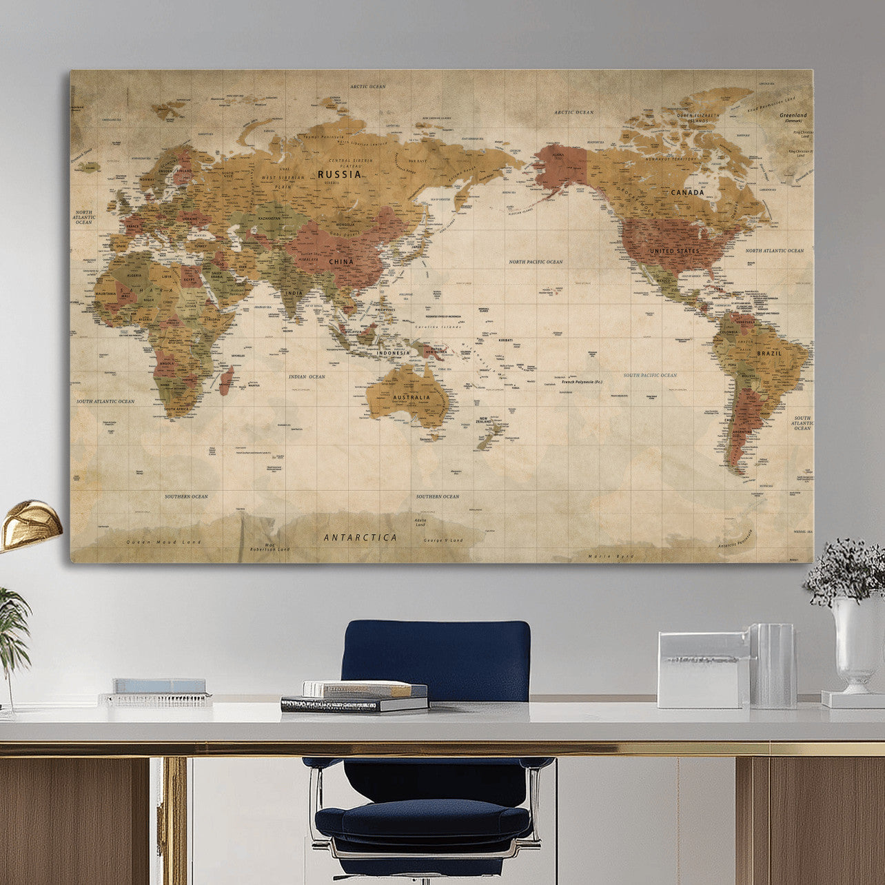 83478963-MGV-CV-36X24 - World Map Wall Art Canvas Print, Modern Decorative Framed Map Artwork Prints for Living Room, Office, Bedroom Wall Decor