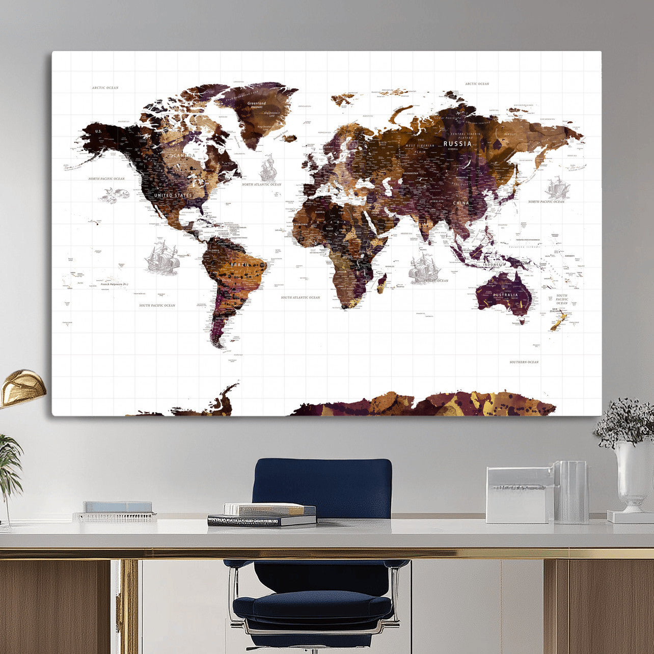 34792695-MGV-CV-36X24 - World Map Wall Art Canvas Print, Modern Decorative Framed Map Artwork Prints for Living Room, Office, Bedroom Wall Decor