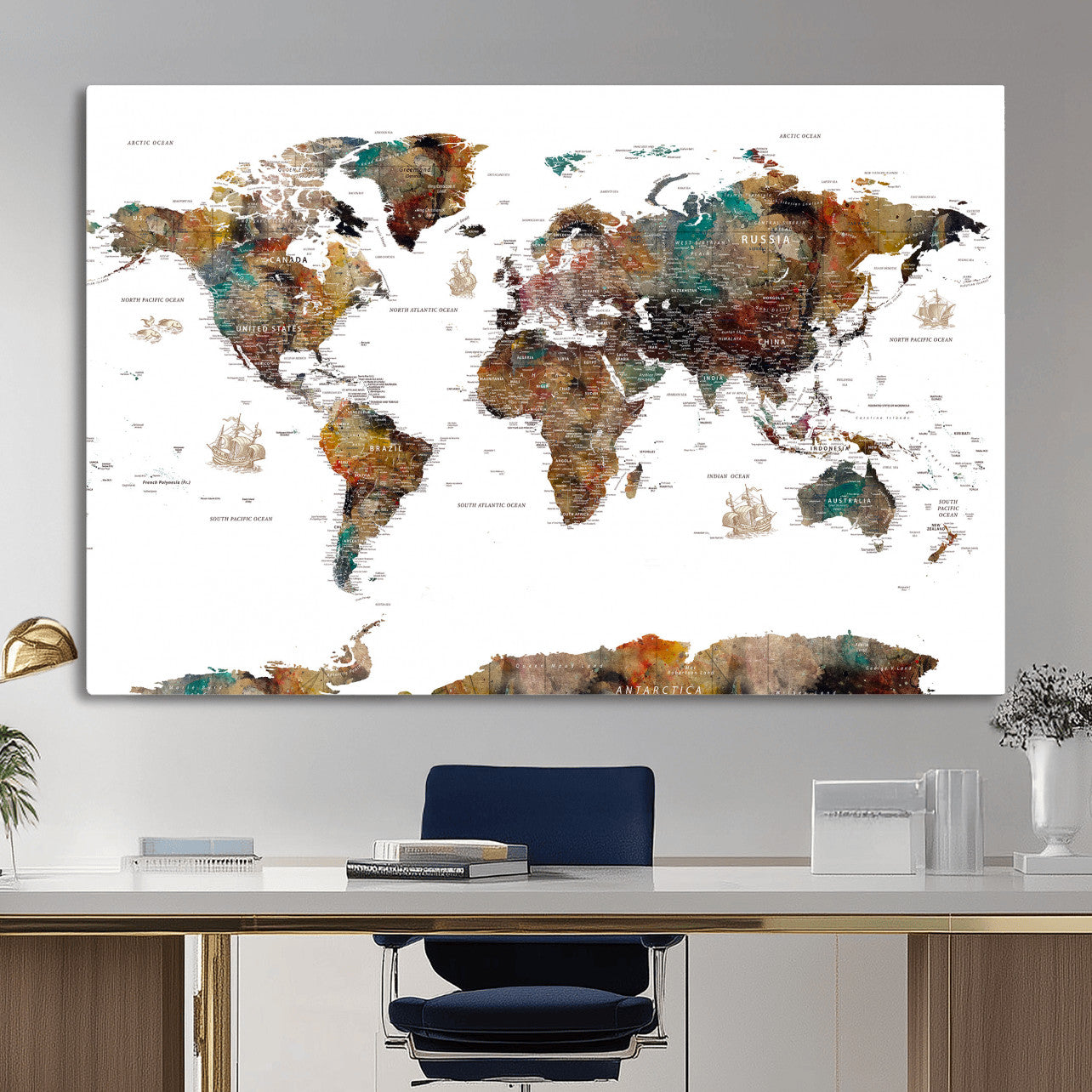82293175-MGV-CV-36X24 - World Map Wall Art Canvas Print, Modern Decorative Framed Map Artwork Prints for Living Room, Office, Bedroom Wall Decor