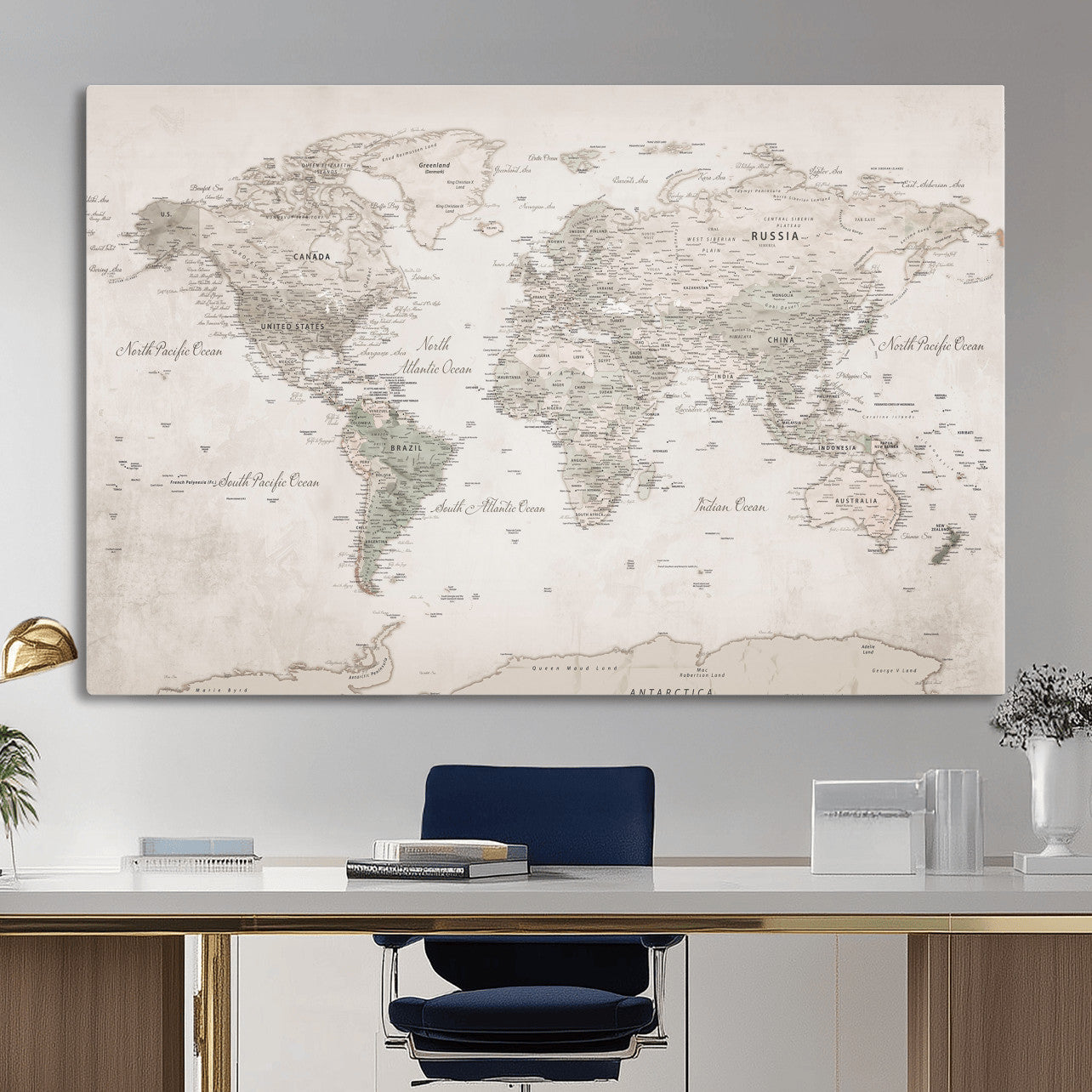 90355419-MGV-CV-36X24 - World Map Wall Art Canvas Print, Modern Decorative Framed Map Artwork Prints for Living Room, Office, Bedroom Wall Decor