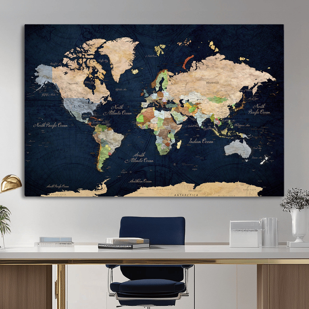 76603563-MGV-CV-36X24 - World Map Wall Art Canvas Print, Modern Decorative Framed Map Artwork Prints for Living Room, Office, Bedroom Wall Decor