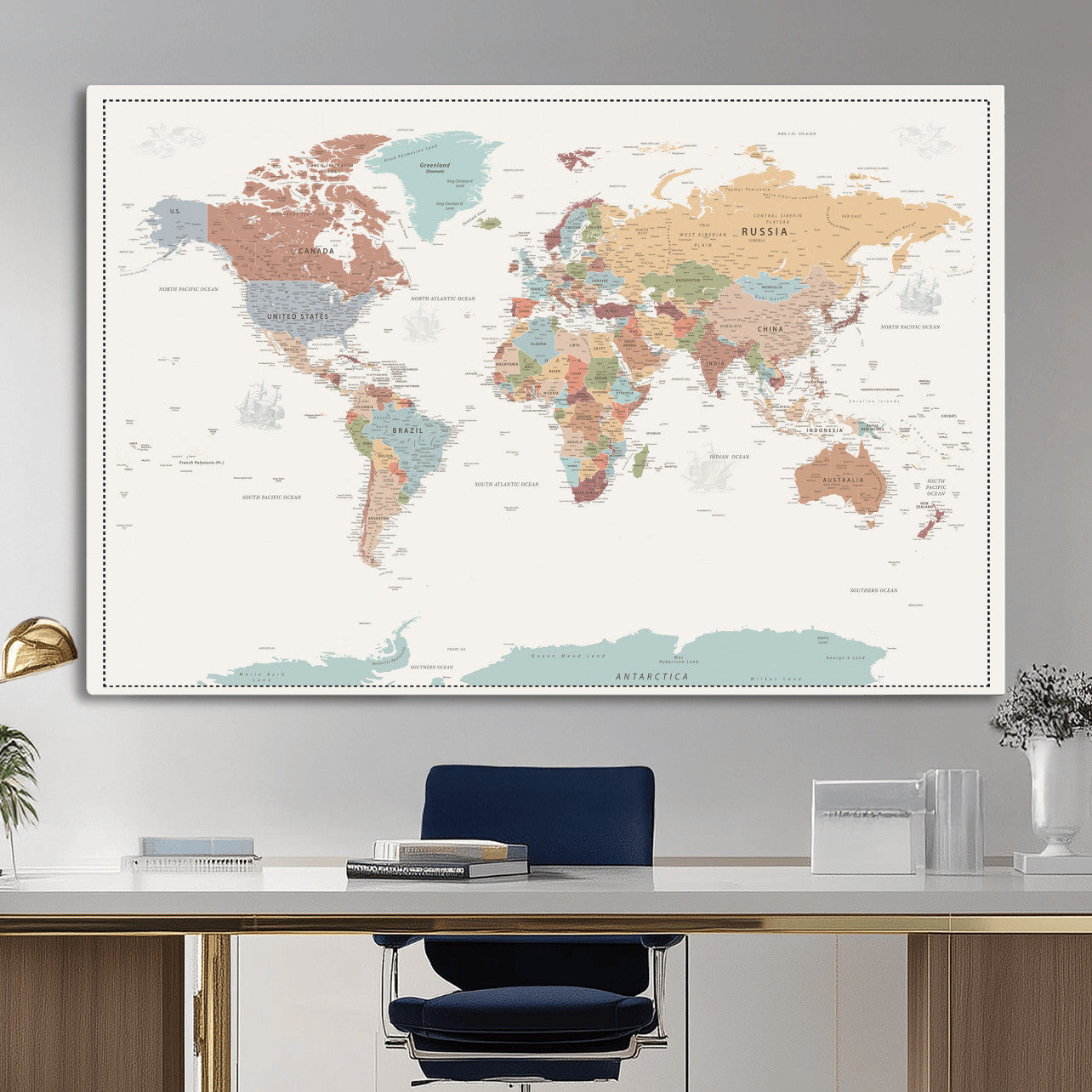 63447567-MGV-CV-36X24 - World Map Wall Art Canvas Print, Modern Decorative Framed Map Artwork Prints for Living Room, Office, Bedroom Wall Decor