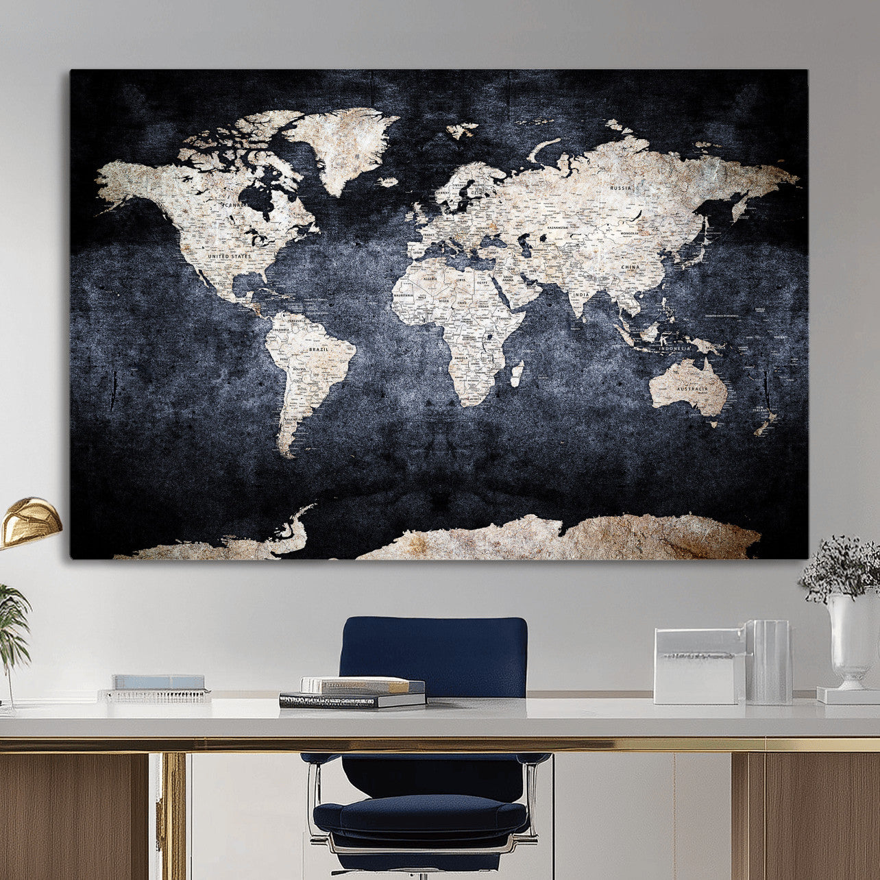 41193404-MGV-CV-36X24 - World Map Wall Art Canvas Print, Modern Decorative Framed Map Artwork Prints for Living Room, Office, Bedroom Wall Decor