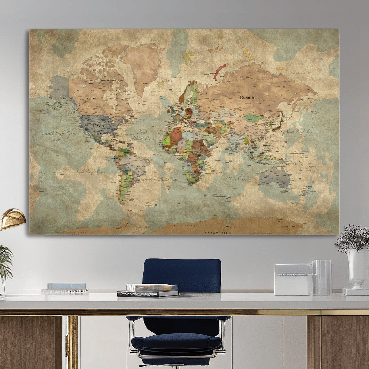 31492148-MGV-CV-36X24 - World Map Wall Art Canvas Print, Modern Decorative Framed Map Artwork Prints for Living Room, Office, Bedroom Wall Decor