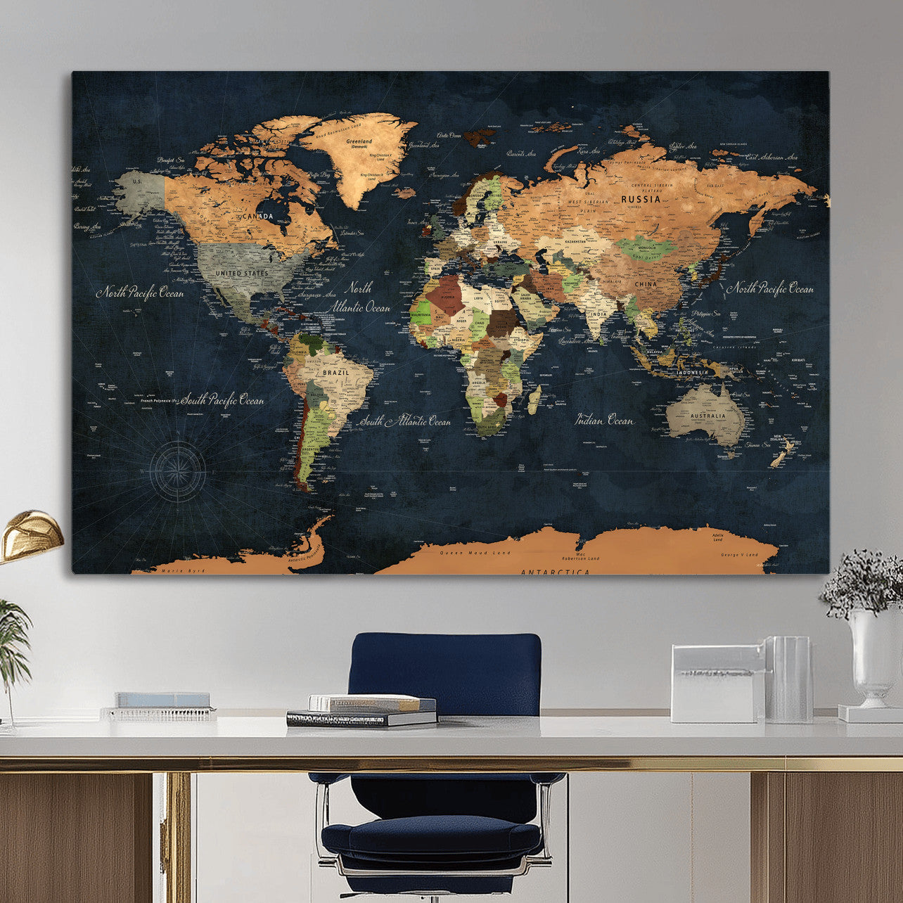 53717402-MGV-CV-36X24 - World Map Wall Art Canvas Print, Modern Decorative Framed Map Artwork Prints for Living Room, Office, Bedroom Wall Decor