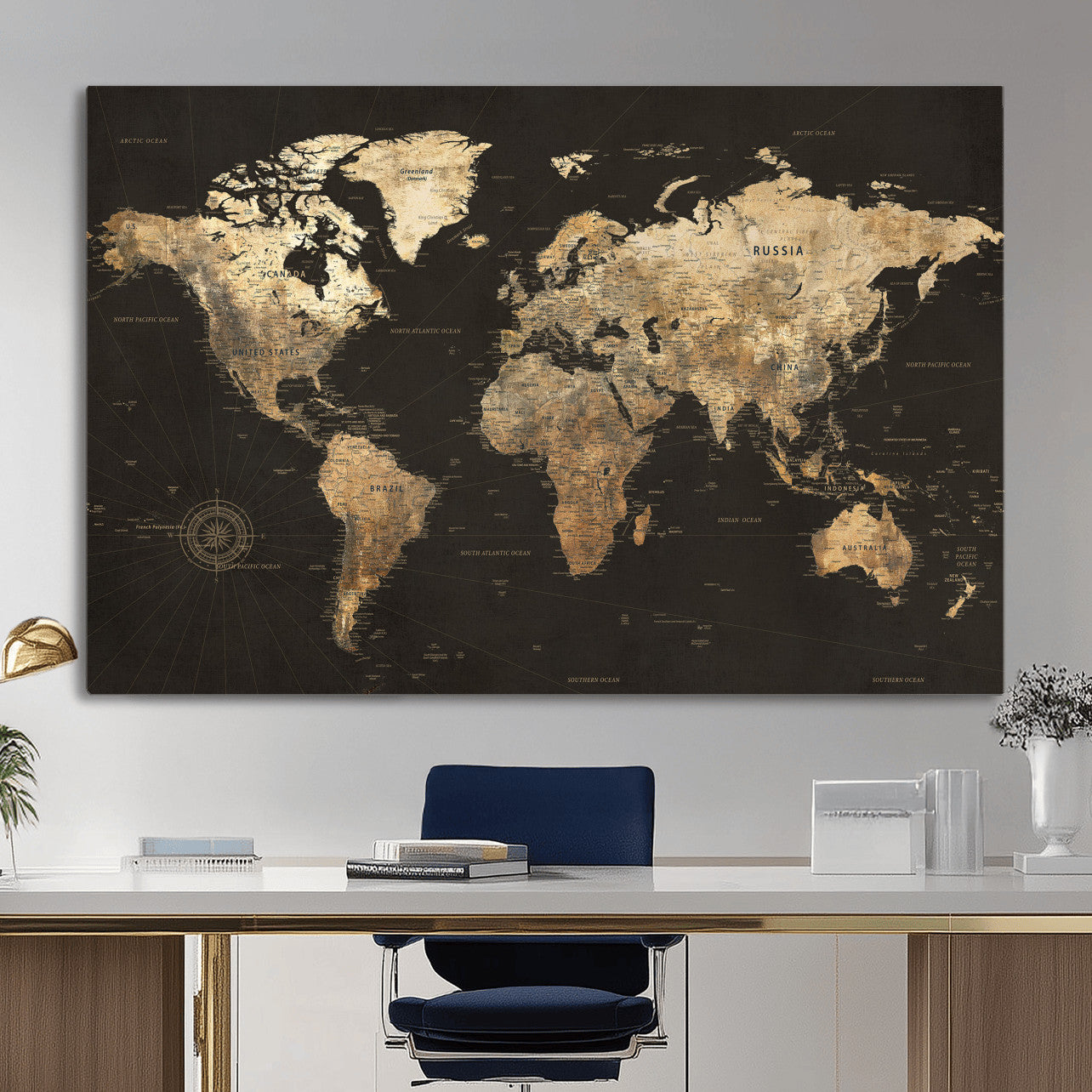 70985630-MGV-CV-36X24 - World Map Wall Art Canvas Print, Modern Decorative Framed Map Artwork Prints for Living Room, Office, Bedroom Wall Decor