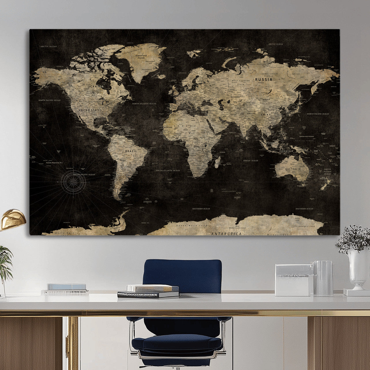 60653880-MGV-CV-36X24 - World Map Wall Art Canvas Print, Modern Decorative Framed Map Artwork Prints for Living Room, Office, Bedroom Wall Decor