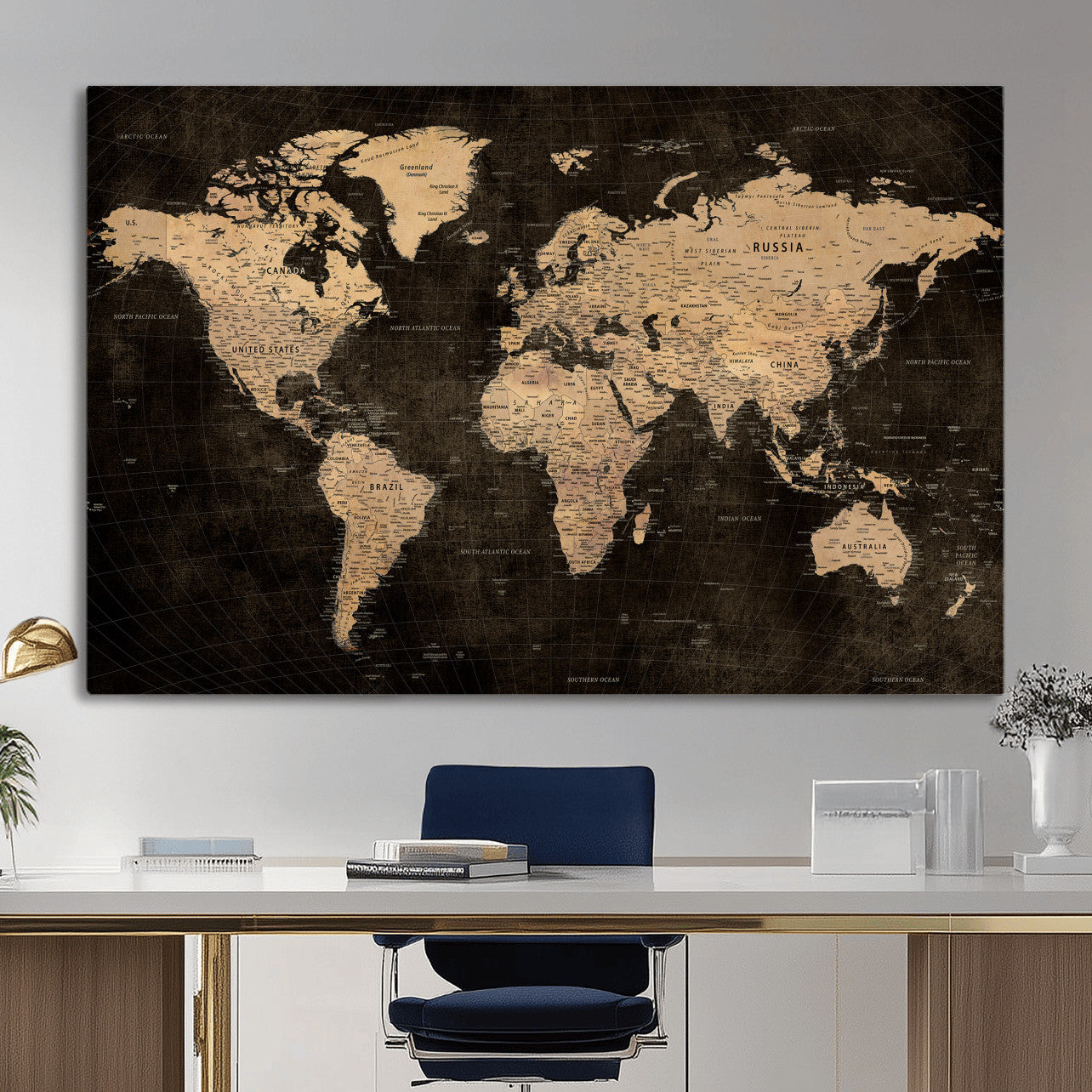 15118265-MGV-CV-36X24 - World Map Wall Art Canvas Print, Modern Decorative Framed Map Artwork Prints for Living Room, Office, Bedroom Wall Decor