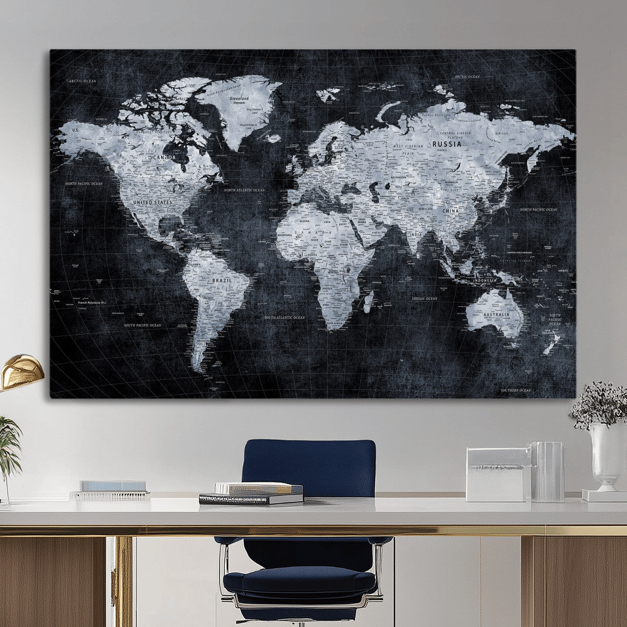 86893704-MGV-CV-36X24 - World Map Wall Art Canvas Print, Modern Decorative Framed Map Artwork Prints for Living Room, Office, Bedroom Wall Decor