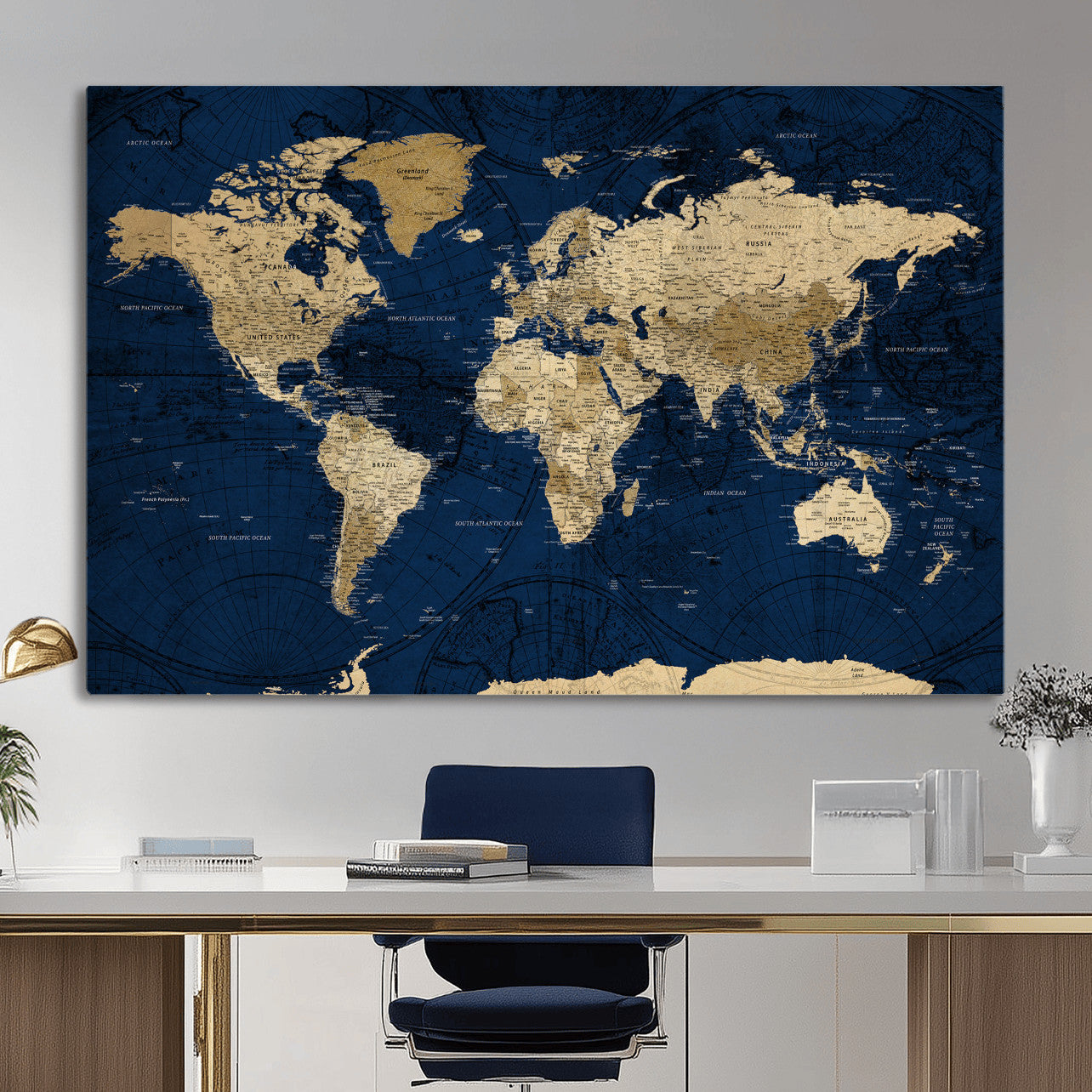 54770746-MGV-CV-36X24 - World Map Wall Art Canvas Print, Modern Decorative Framed Map Artwork Prints for Living Room, Office, Bedroom Wall Decor
