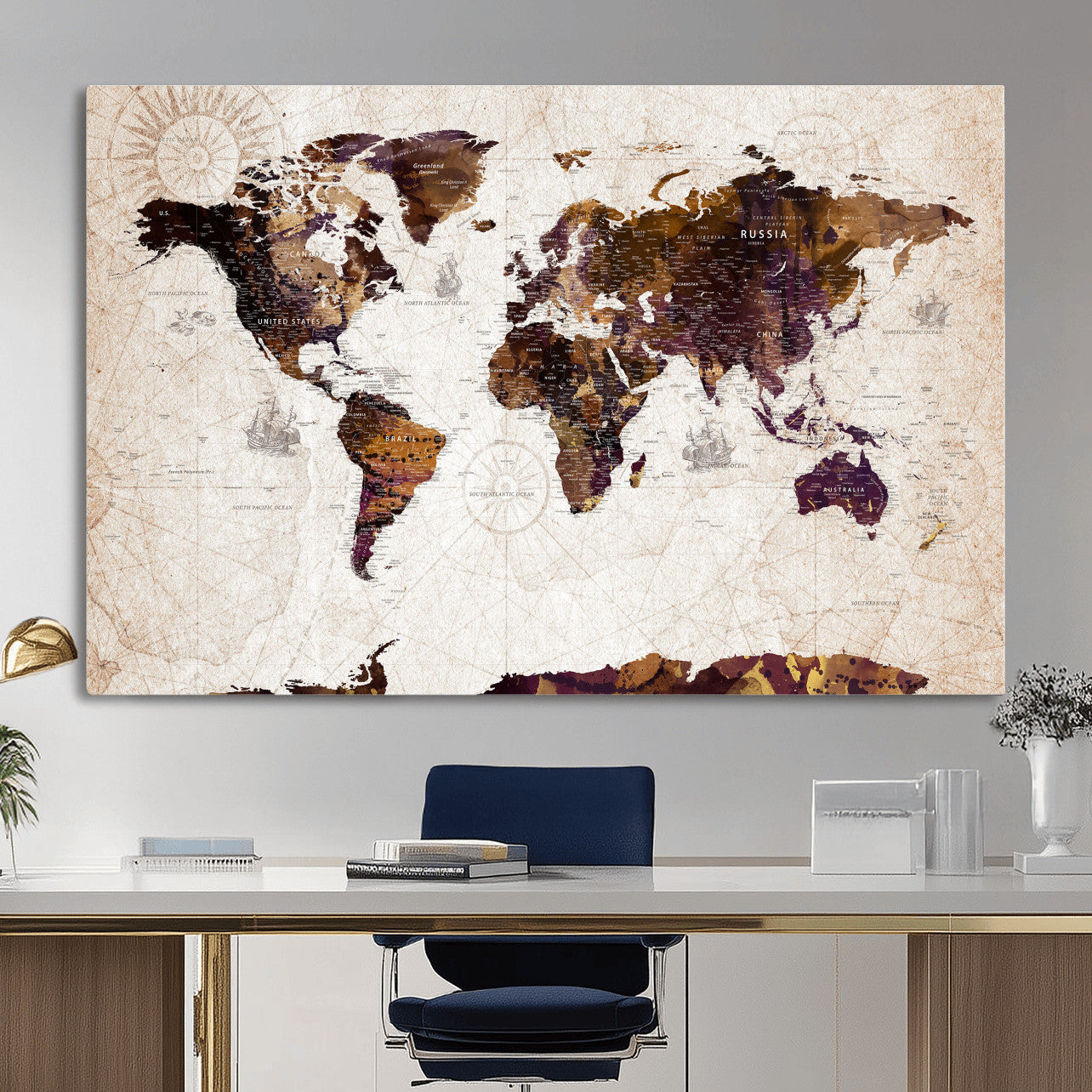 53400857-MGV-CV-36X24 - World Map Wall Art Canvas Print, Modern Decorative Framed Map Artwork Prints for Living Room, Office, Bedroom Wall Decor