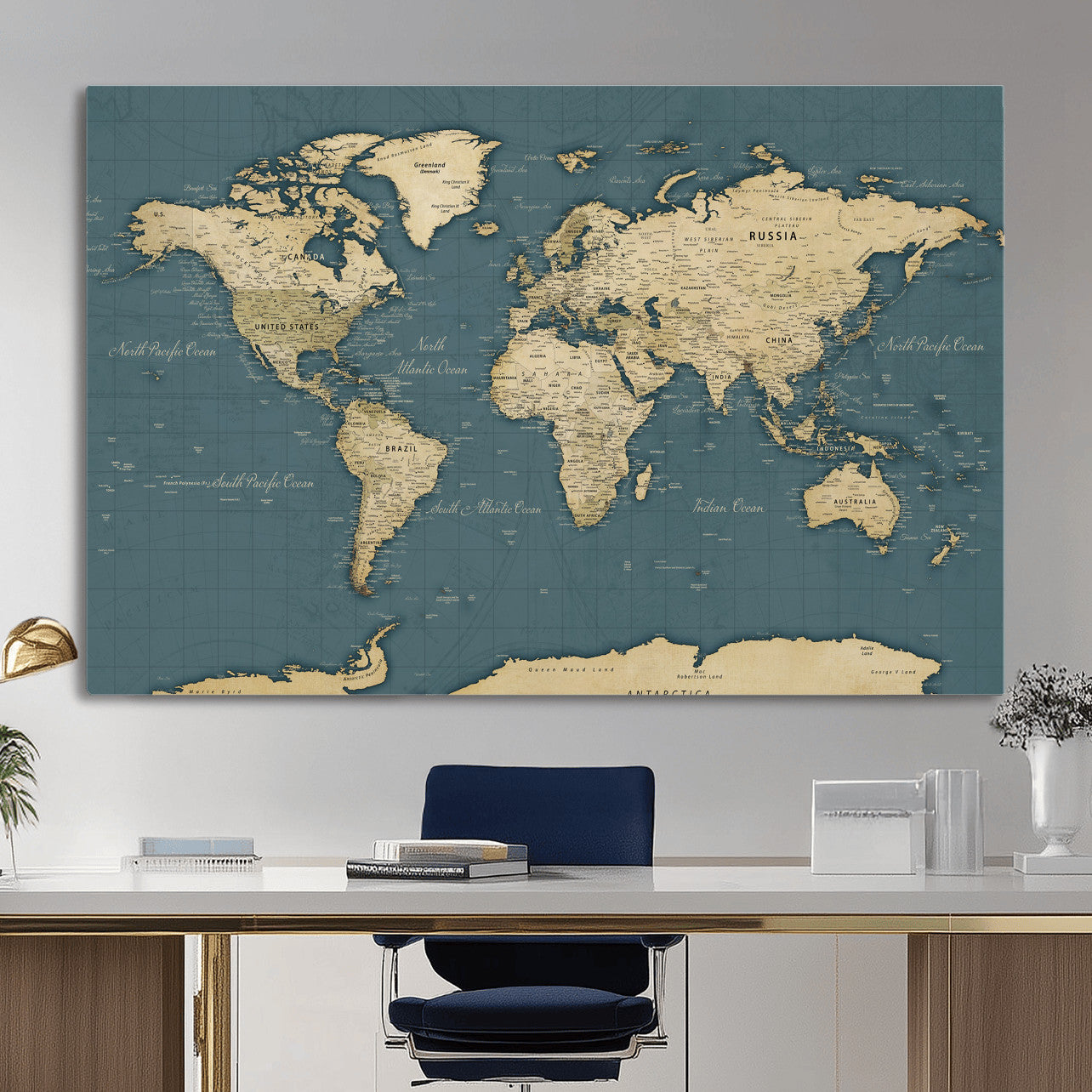 99599383-MGV-CV-36X24 - World Map Wall Art Canvas Print, Modern Decorative Framed Map Artwork Prints for Living Room, Office, Bedroom Wall Decor