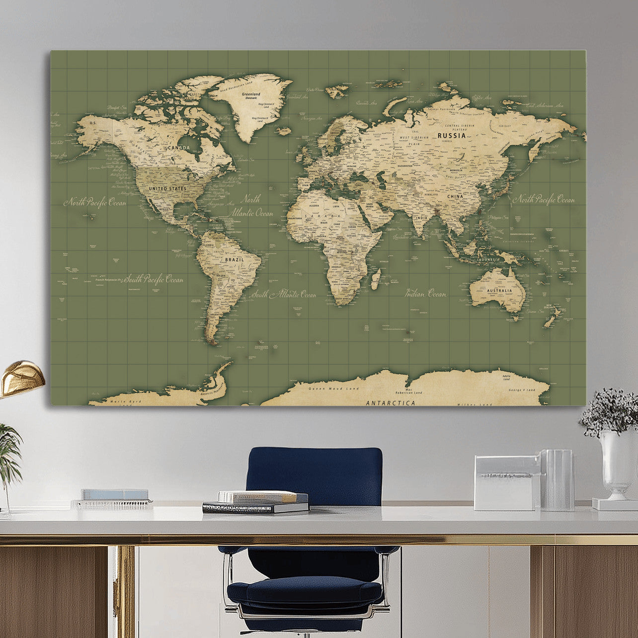 13750241-MGV-CV-36X24 - World Map Wall Art Canvas Print, Modern Decorative Framed Map Artwork Prints for Living Room, Office, Bedroom Wall Decor