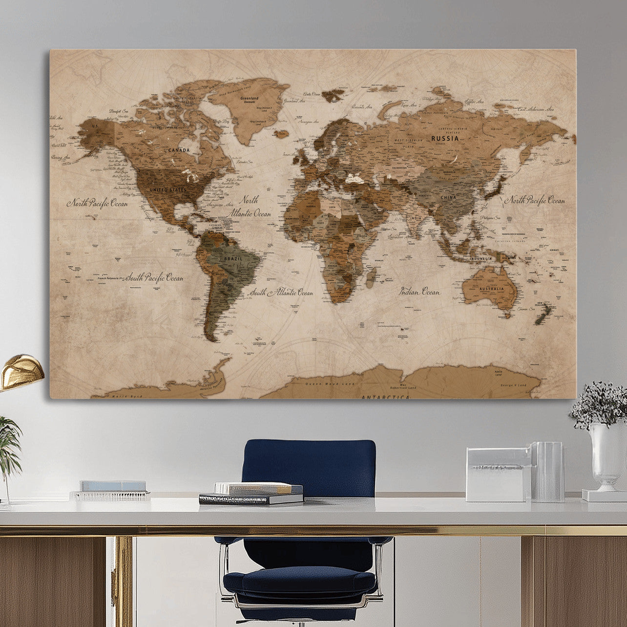 40064188-MGV-CV-36X24 - World Map Wall Art Canvas Print, Modern Decorative Framed Map Artwork Prints for Living Room, Office, Bedroom Wall Decor