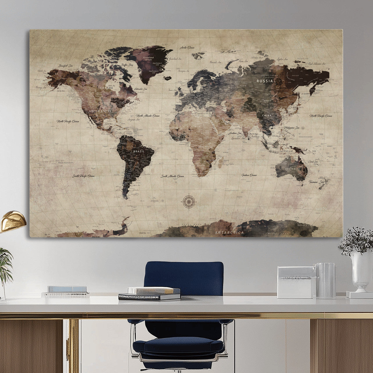 60560672-MGV-CV-36X24 - World Map Wall Art Canvas Print, Modern Decorative Framed Map Artwork Prints for Living Room, Office, Bedroom Wall Decor