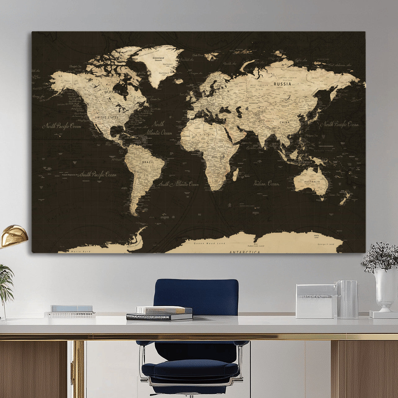 89024244-MGV-CV-36X24 - World Map Wall Art Canvas Print, Modern Decorative Framed Map Artwork Prints for Living Room, Office, Bedroom Wall Decor