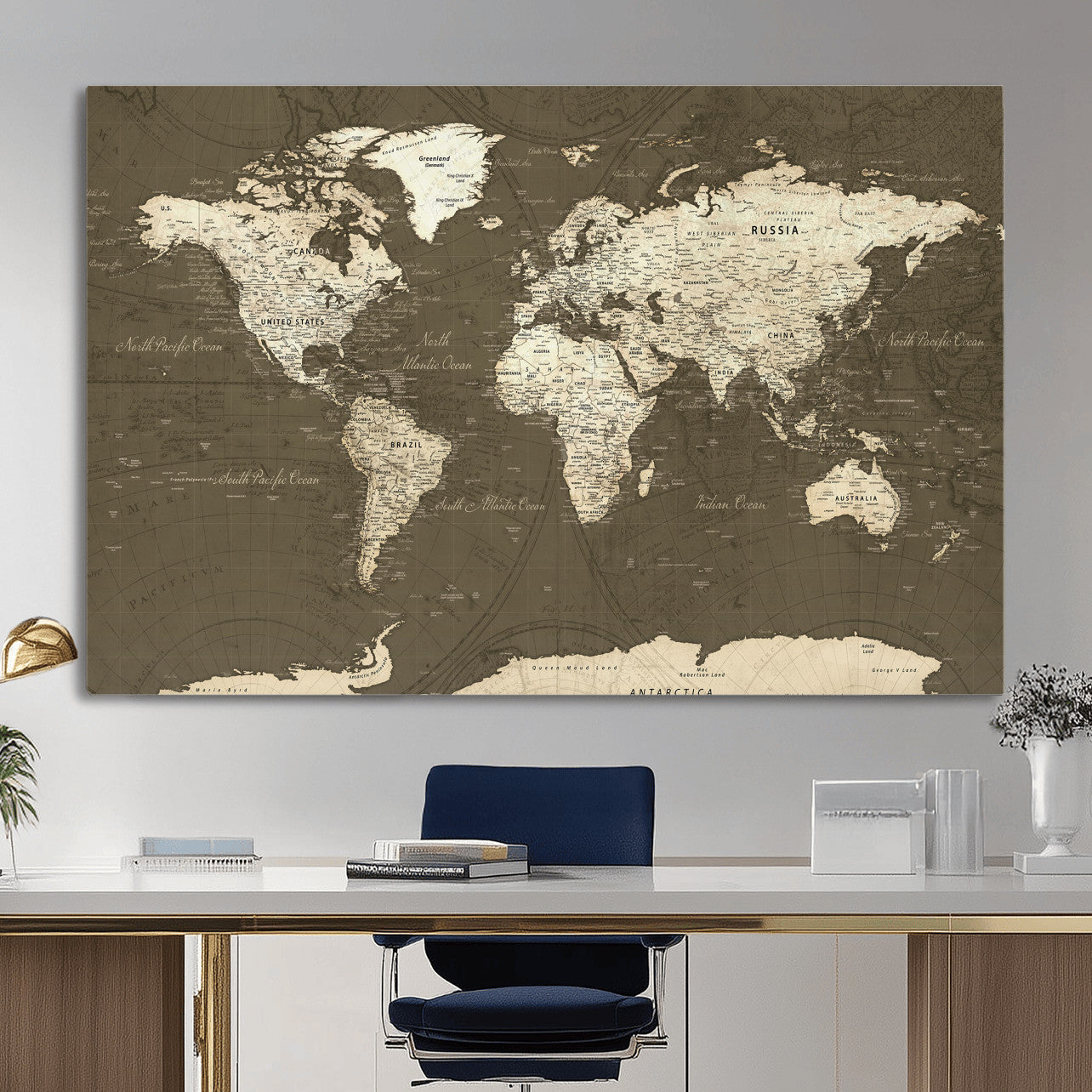 33202610-MGV-CV-36X24 - World Map Wall Art Canvas Print, Modern Decorative Framed Map Artwork Prints for Living Room, Office, Bedroom Wall Decor