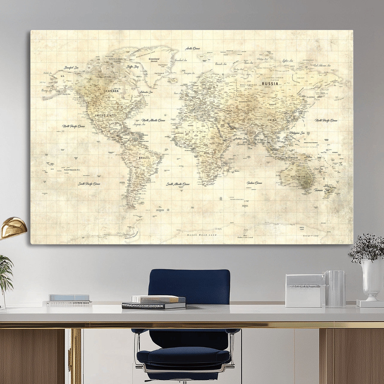 17101439-MGV-CV-36X24 - World Map Wall Art Canvas Print, Modern Decorative Framed Map Artwork Prints for Living Room, Office, Bedroom Wall Decor
