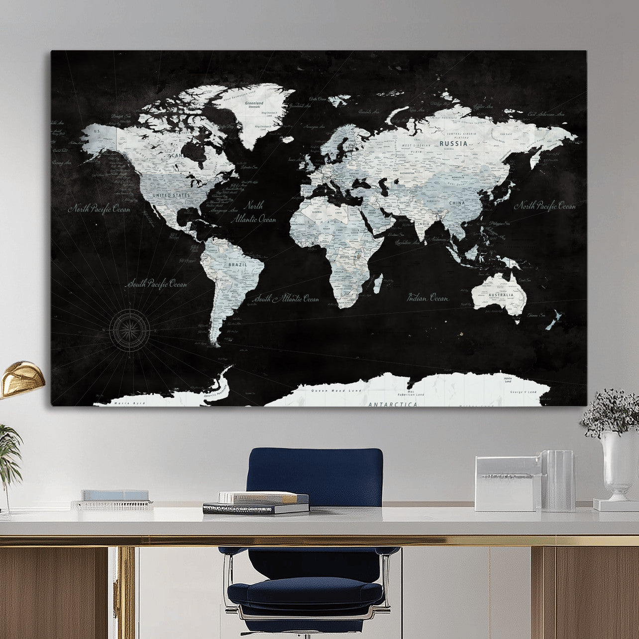 28664806-MGV-CV-36X24 - World Map Wall Art Canvas Print, Modern Decorative Framed Map Artwork Prints for Living Room, Office, Bedroom Wall Decor