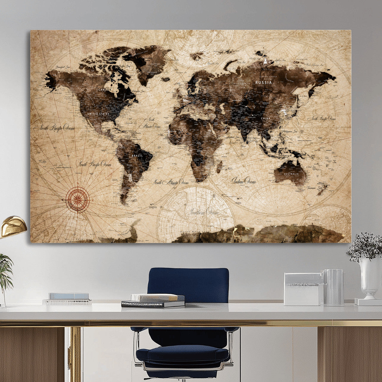47657418-MGV-CV-36X24 - World Map Wall Art Canvas Print, Modern Decorative Framed Map Artwork Prints for Living Room, Office, Bedroom Wall Decor