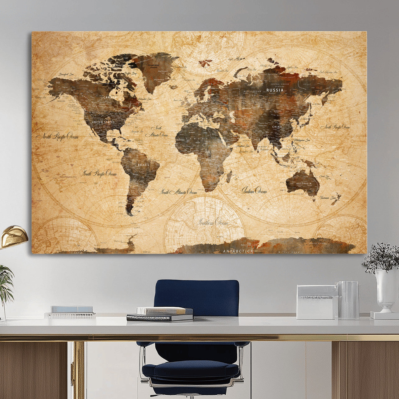 63156625-MGV-CV-36X24 - World Map Wall Art Canvas Print, Modern Decorative Framed Map Artwork Prints for Living Room, Office, Bedroom Wall Decor