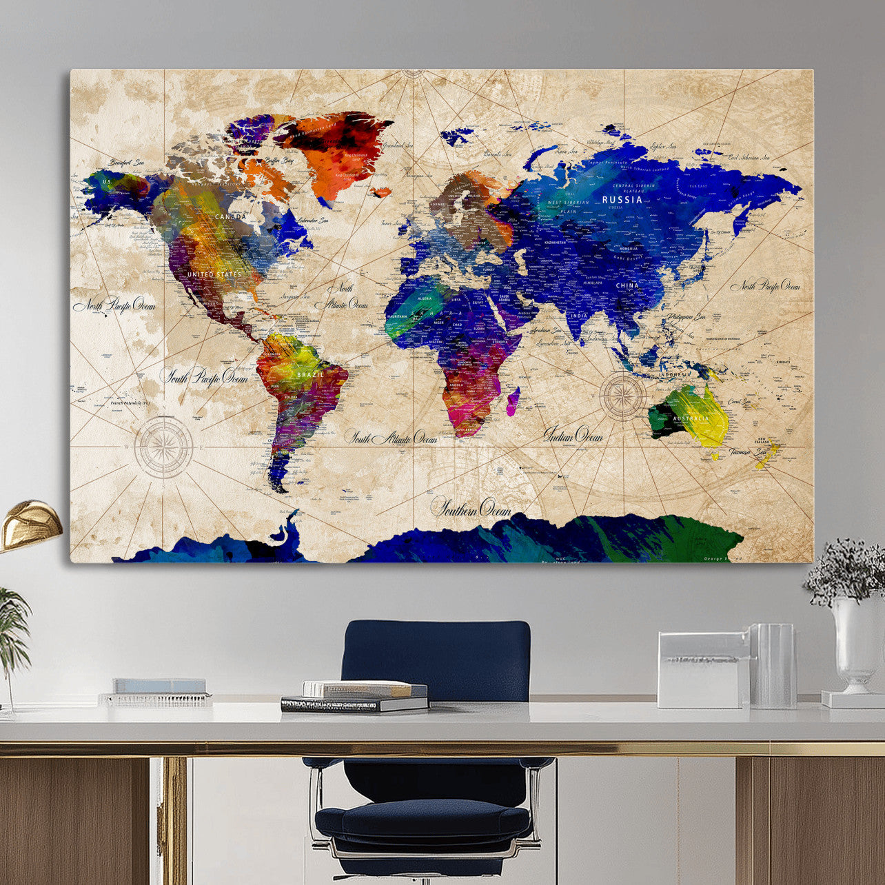 26284075-MGV-CV-36X24 - World Map Wall Art Canvas Print, Modern Decorative Framed Map Artwork Prints for Living Room, Office, Bedroom Wall Decor