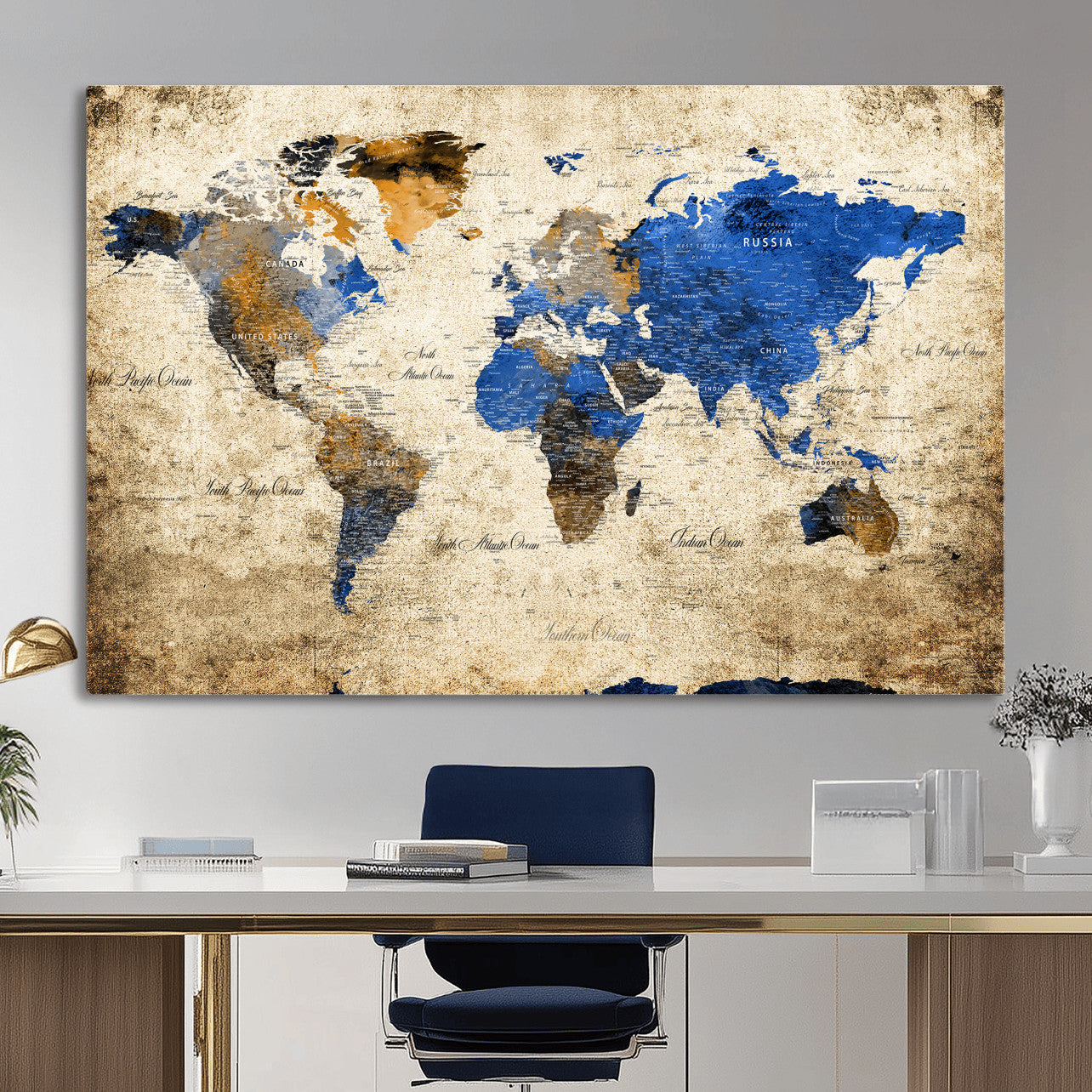 27314341-MGV-CV-36X24 - World Map Wall Art Canvas Print, Modern Decorative Framed Map Artwork Prints for Living Room, Office, Bedroom Wall Decor