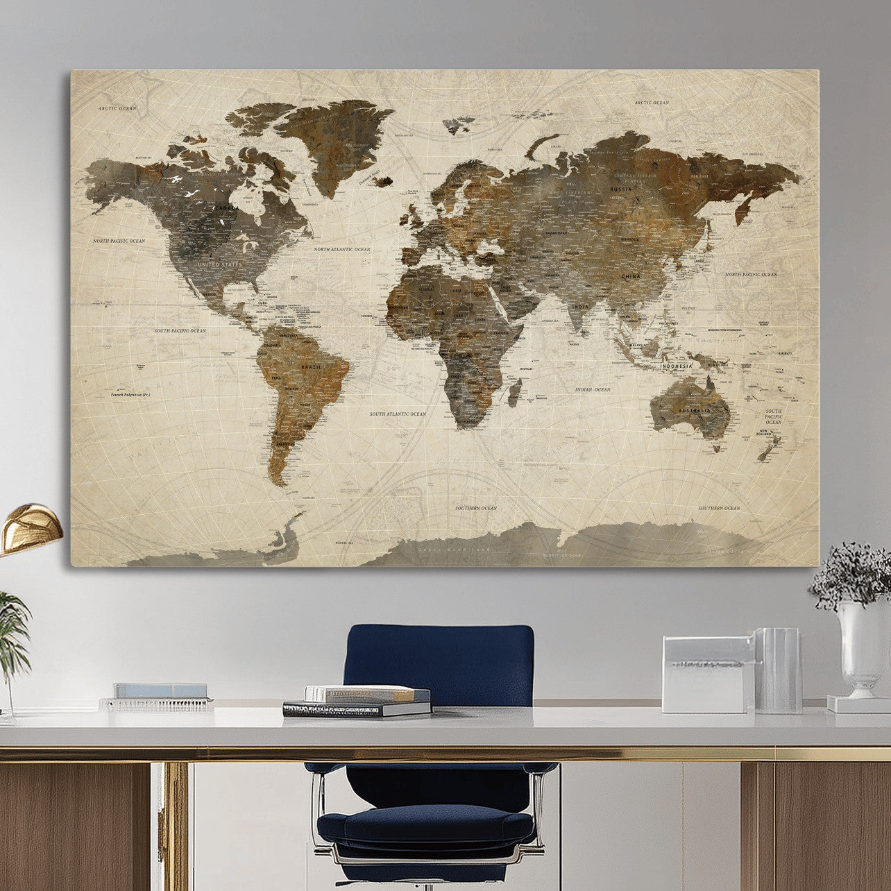 49623468-MGV-CV-36X24 - World Map Wall Art Canvas Print, Modern Decorative Framed Map Artwork Prints for Living Room, Office, Bedroom Wall Decor