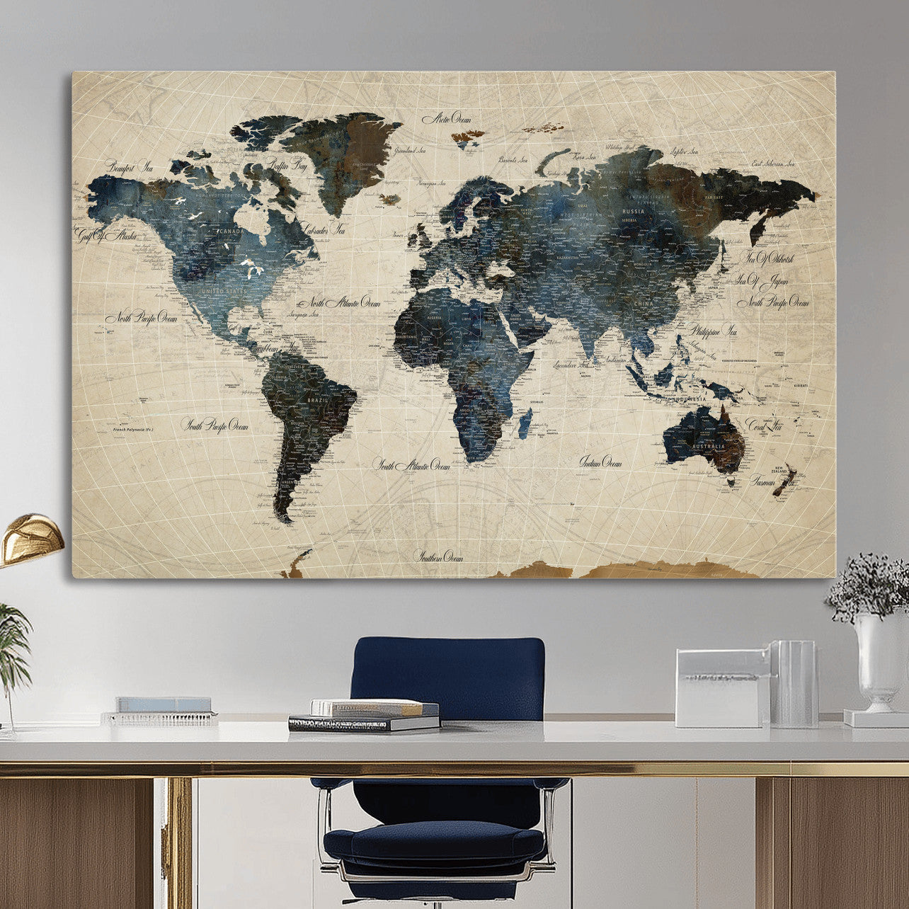 72927803-MGV-CV-36X24 - World Map Wall Art Canvas Print, Modern Decorative Framed Map Artwork Prints for Living Room, Office, Bedroom Wall Decor