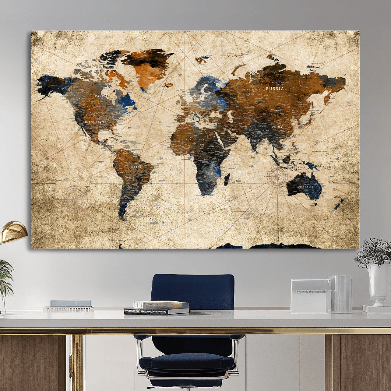 27163414-MGV-CV-36X24 - World Map Wall Art Canvas Print, Modern Decorative Framed Map Artwork Prints for Living Room, Office, Bedroom Wall Decor