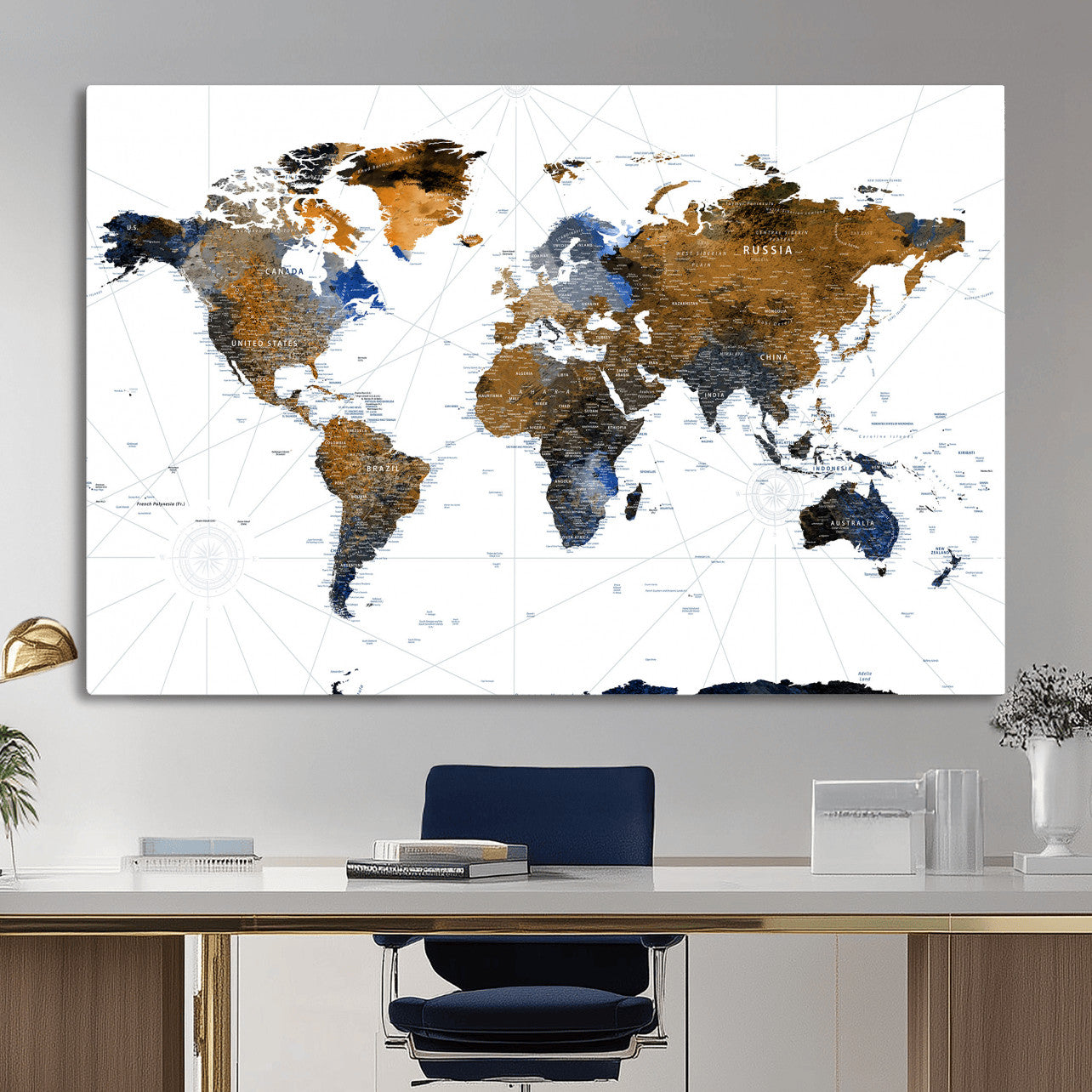 56364879-MGV-CV-36X24 - World Map Wall Art Canvas Print, Modern Decorative Framed Map Artwork Prints for Living Room Decor