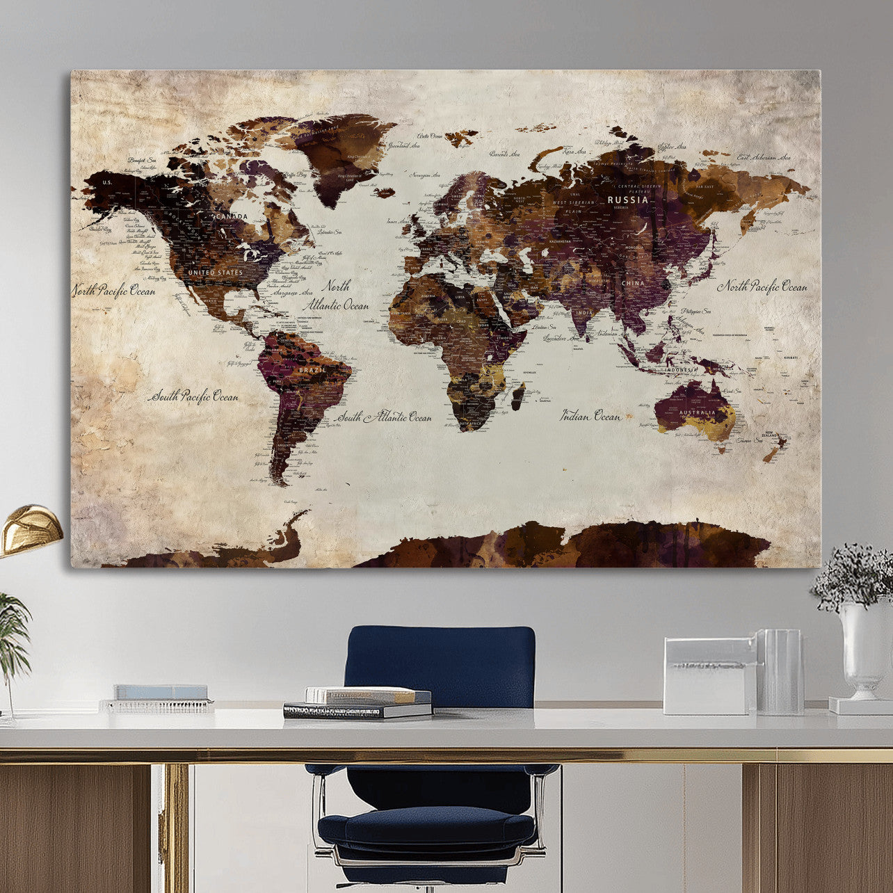 50611123-MGV-CV-36X24 - World Map Canvas Triptych – Colorful Global Wall Art for Living Rooms, Offices, and Study Spaces