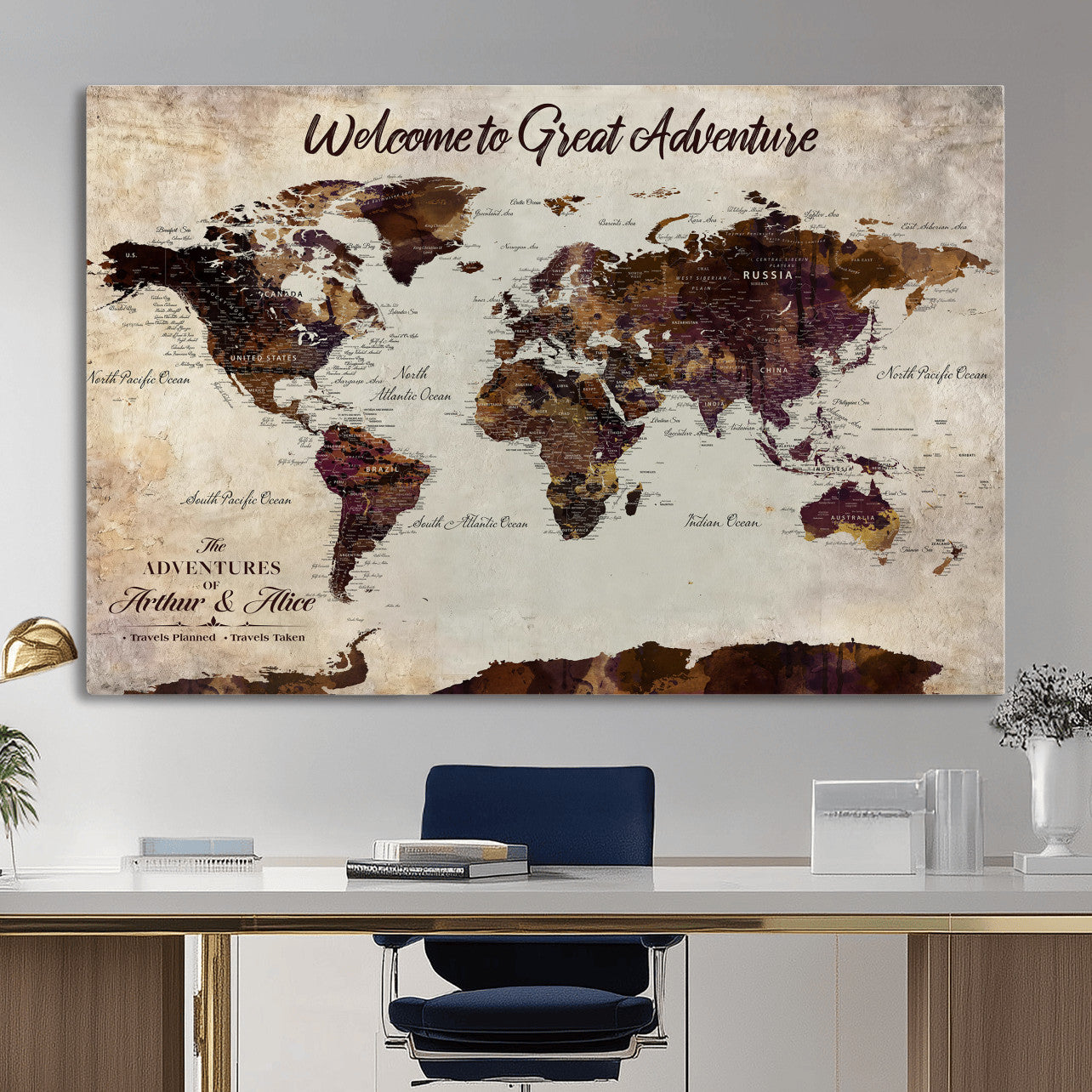 64110391126-MGV-CV-36X24-Custom Push Pin World Map Wall Art Canvas Print – Personalized Travel Tracker with Pins Framed Large for Home and Office Decor