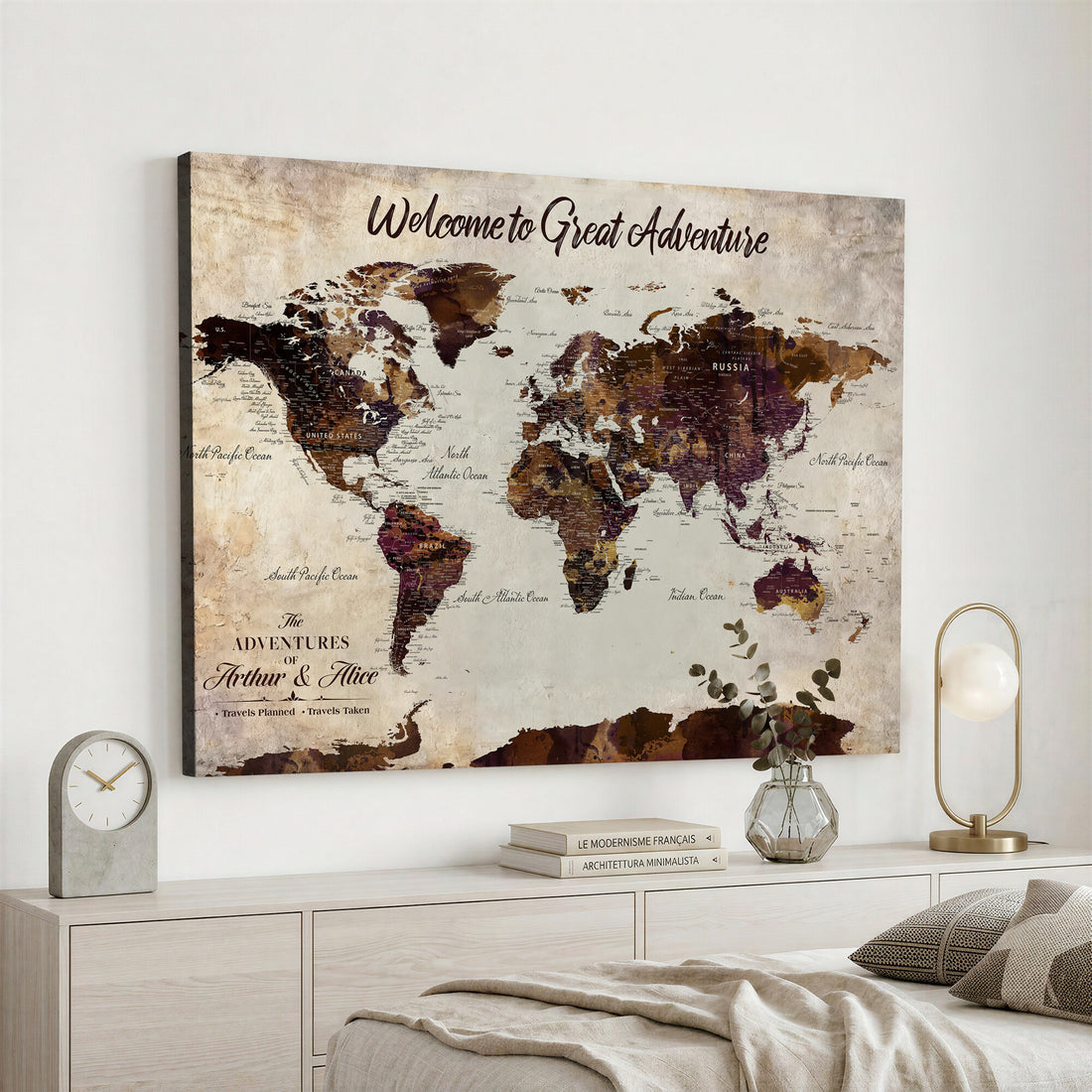 Custom Beige World Travel Map Wall Art with Pins, Places Visited Tracker, Family Room and Entryway Decor