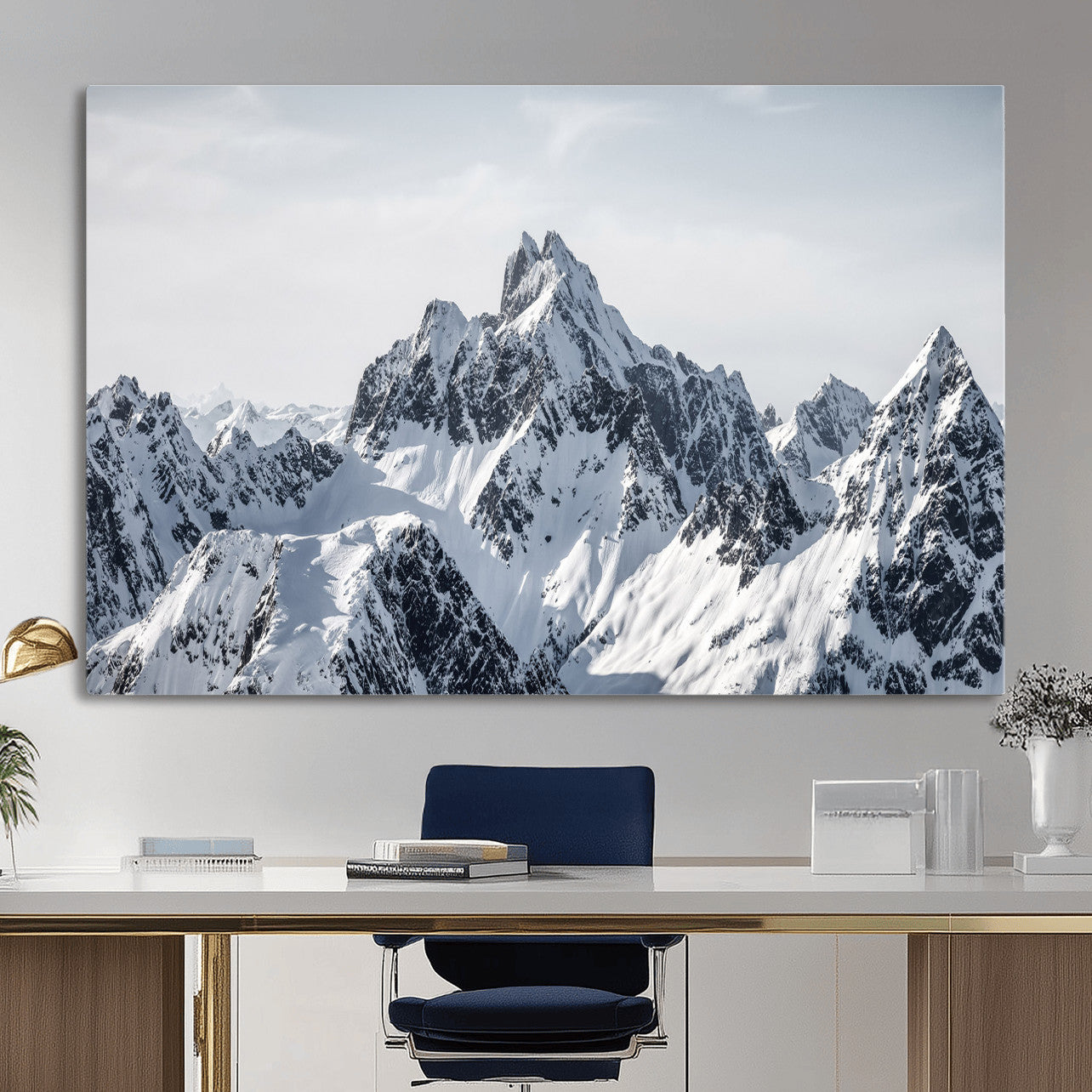 33126265-MGV-CV-36X24 - Snowy Mountain Range Canvas Print, Alpine Peaks Landscape Wall Art, Framed Canvas Ready to Hang
