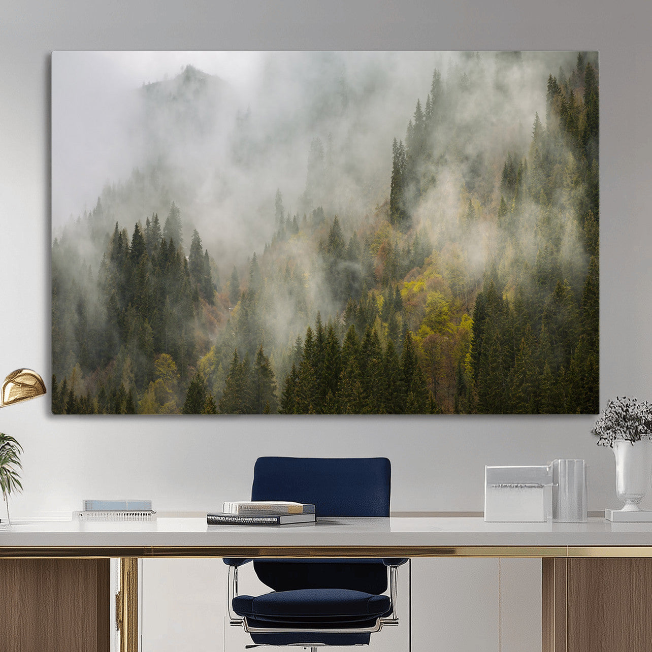 31152954-MGV-CV-36X24 - Misty Mountain Forest Canvas Print, Foggy Pine Trees Nature Wall Art, Framed Canvas Ready to Hang