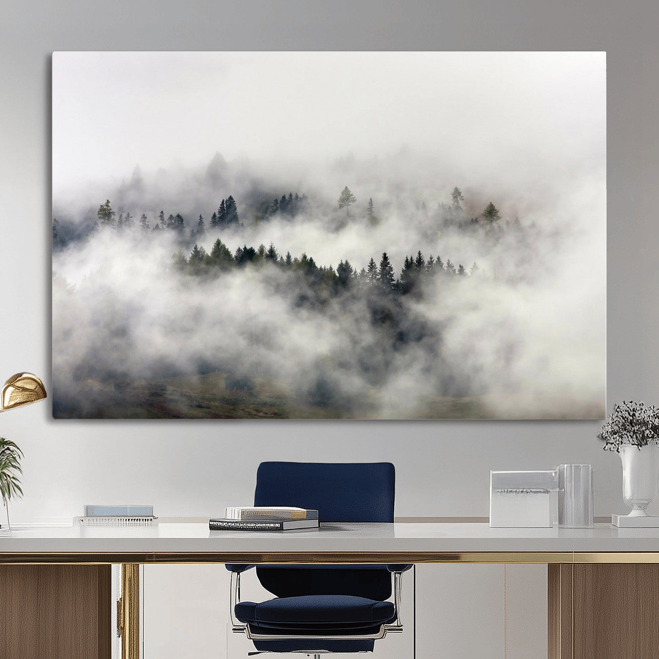63235457-MGV-CV-36X24 - Foggy Forest Wall Art Canvas Print, Misty Pine Tree Landscape Wall Art Print, Framed Wall Art Ready to Hang