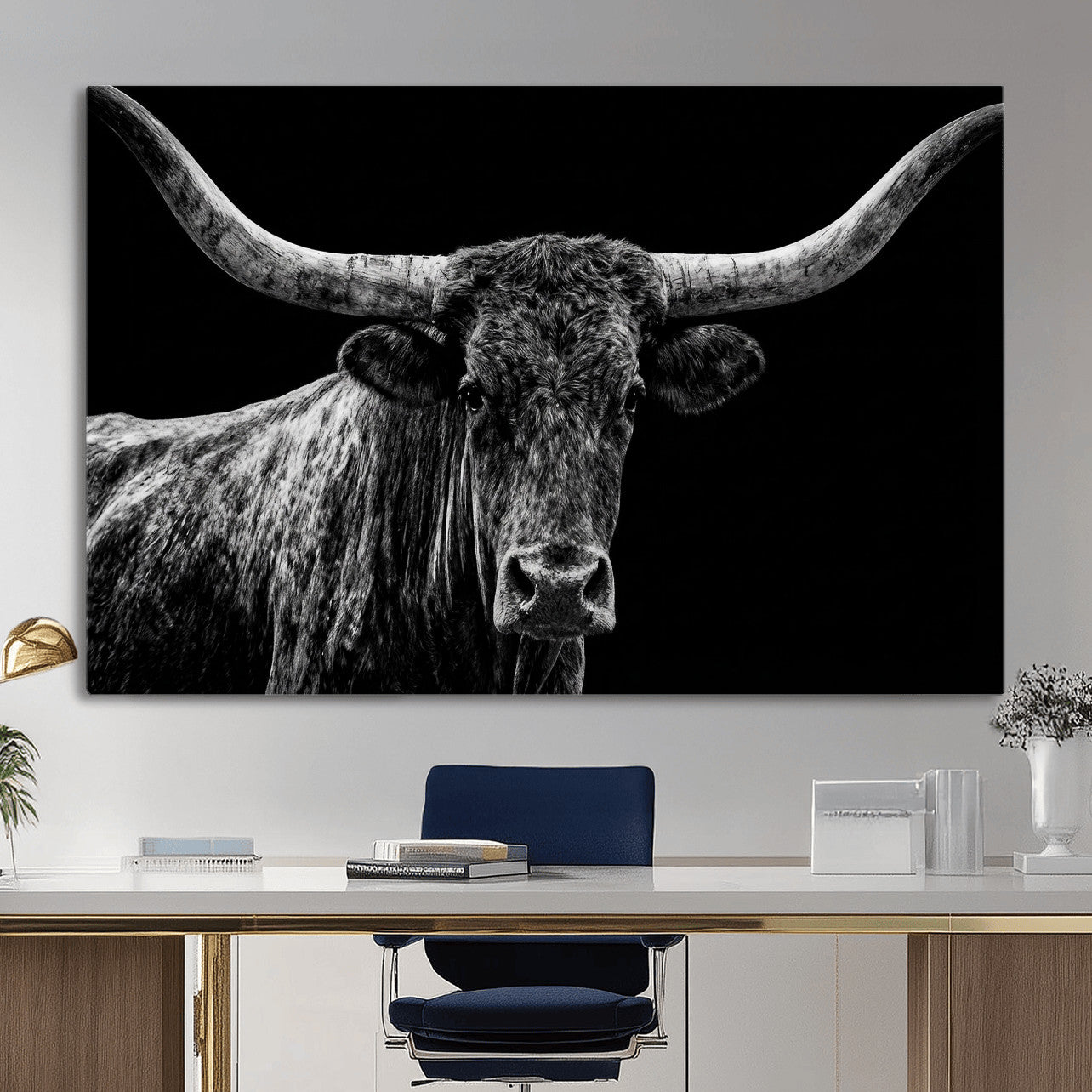 86568508-MGV-CV-36X24 - Vintage Texas Longhorn Bull Wall Art Canvas Print, Texas Cow Portrait Print, Framed Bull Wall Art Ready to Hang