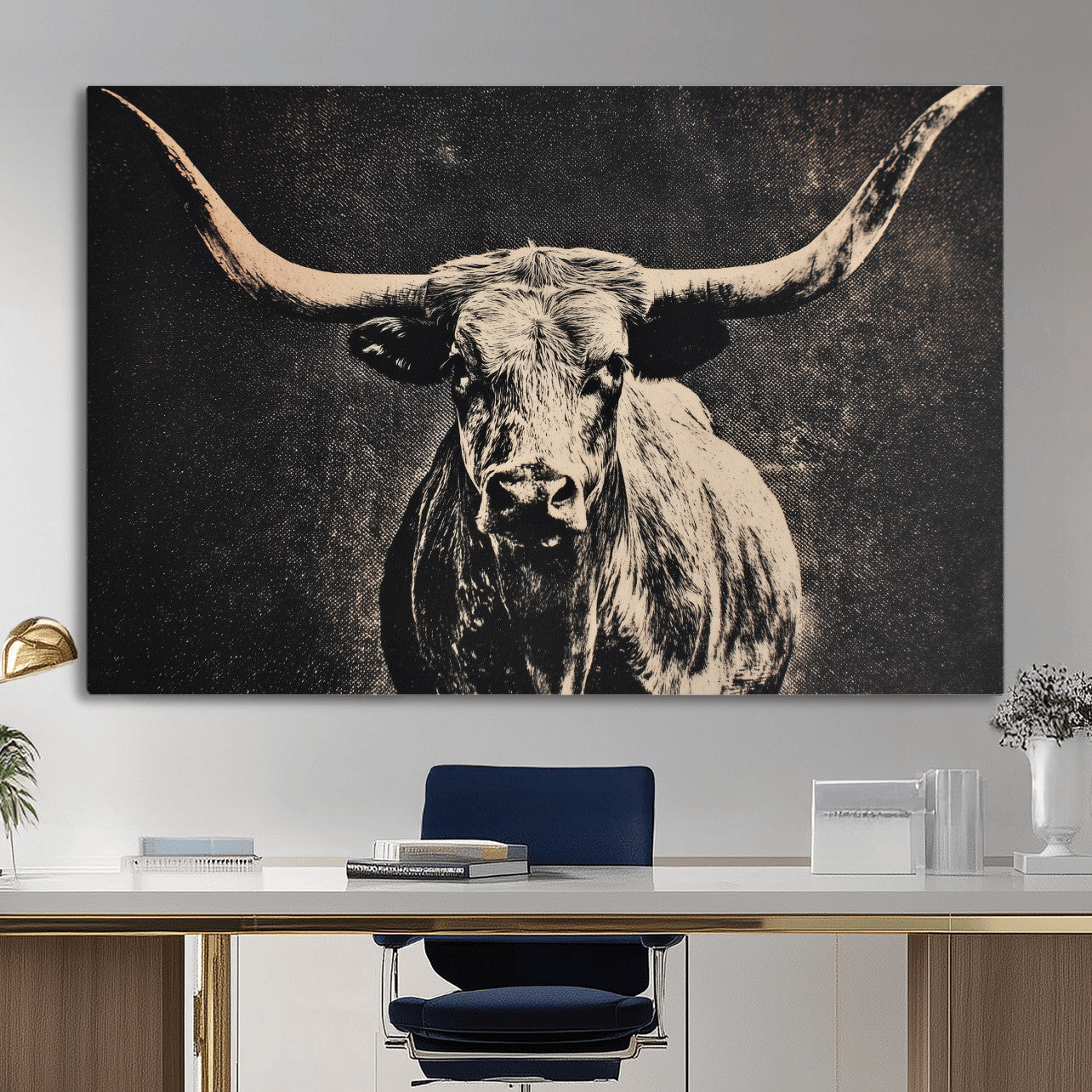 27394218-MGV-CV-36X24 - Vintage Texas Longhorn Bull Wall Art Canvas Print, Cow Portrait Photography Print, Framed Wall Art Ready to Hang
