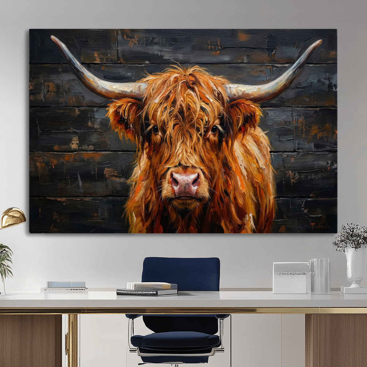 32536611-MGV-CV-36X24 - Highland Cow Wall Art Canvas Print, Rustic Farm Animal Painting, Framed Wall Art Ready to Hang