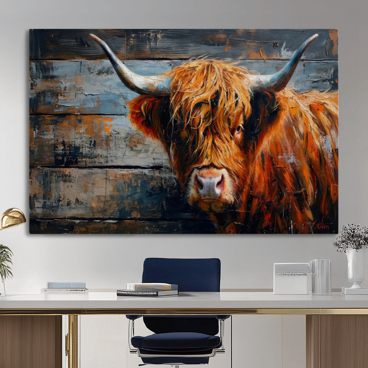 90271423-MGV-CV-36X24 - Highland Cow Wall Art Canvas Print, Abstract Rustic Farm Animal Wall Art Print, Framed Wall Art Ready to Hang